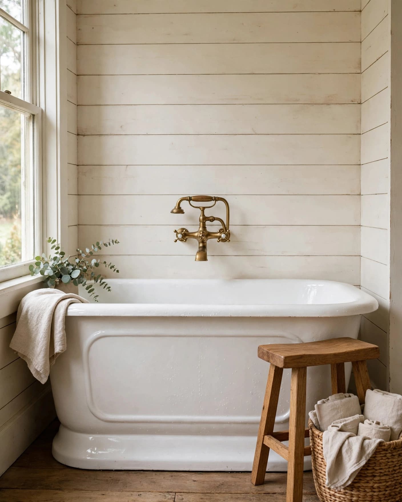 White farmhouse bathtub with brass faucet, oak stool, and woven basket.