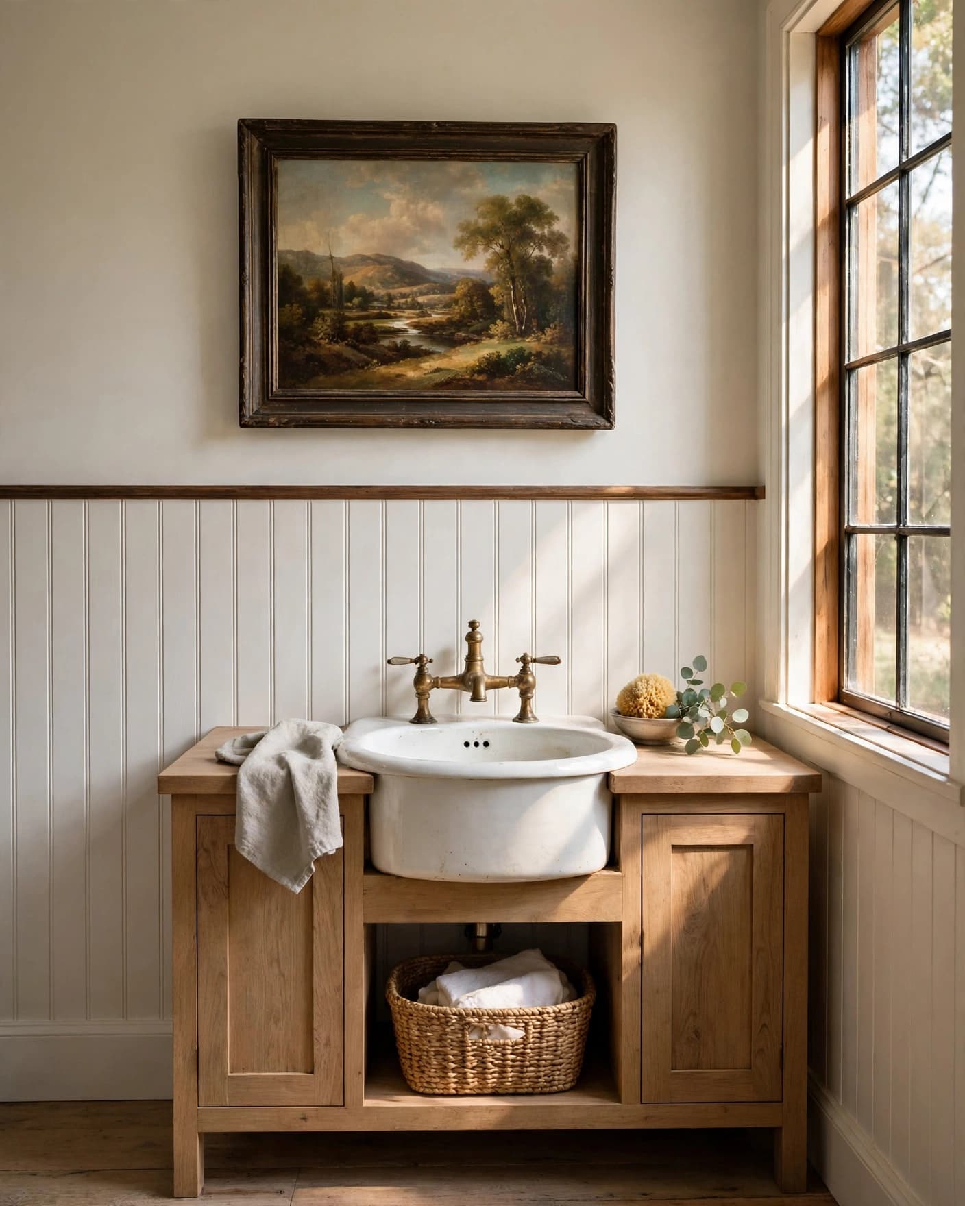 Farmhouse bathroom with a framed landscape painting above a porcelain sink.
