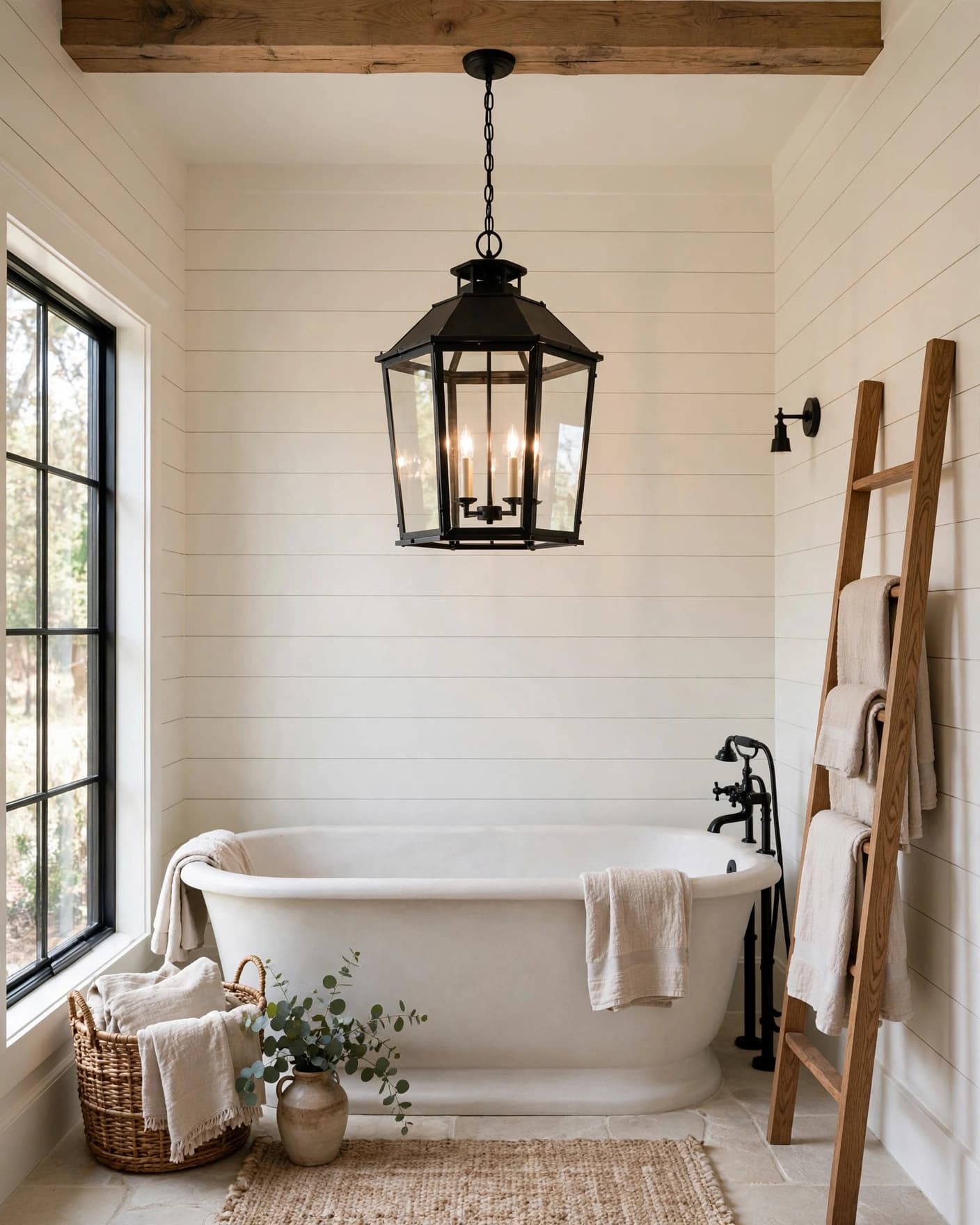 Farmhouse bathroom with a freestanding tub beneath a hanging lantern.
