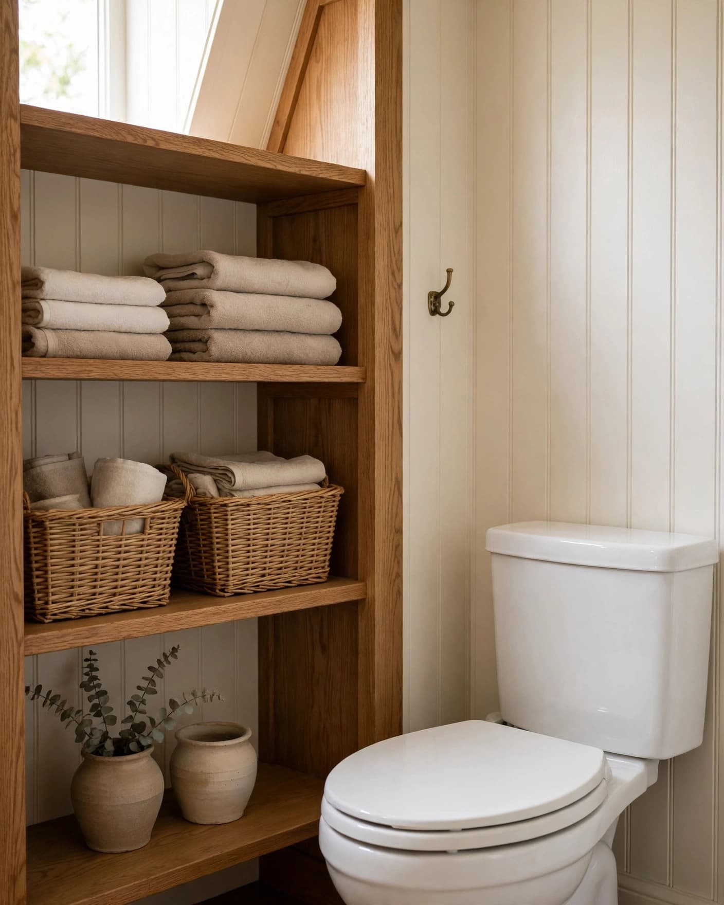 Open oak shelves hold towels and baskets beside a white toilet.
