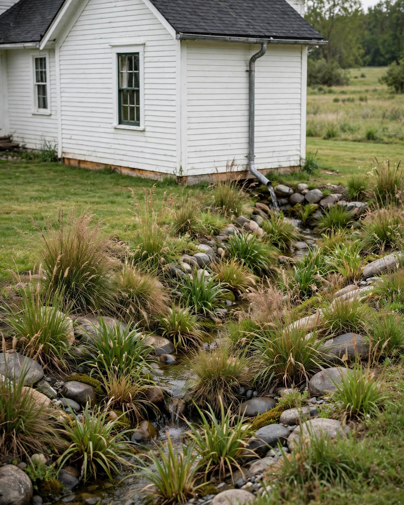 A farmhouse downspout drains into a planted channel beside a broad lawn.