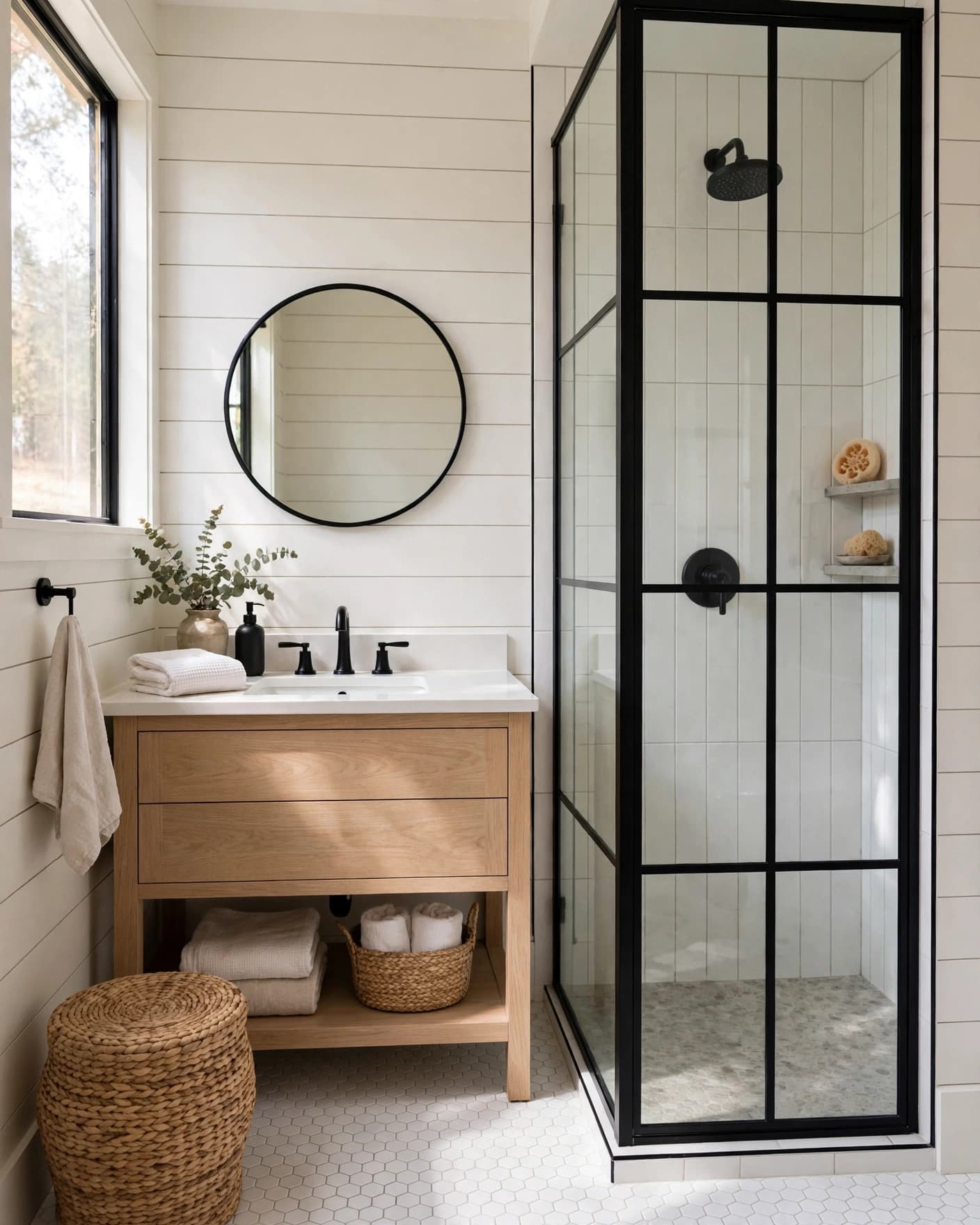 Farmhouse bathroom with a black-framed shower, oak vanity, and white hexagon floor tiles.