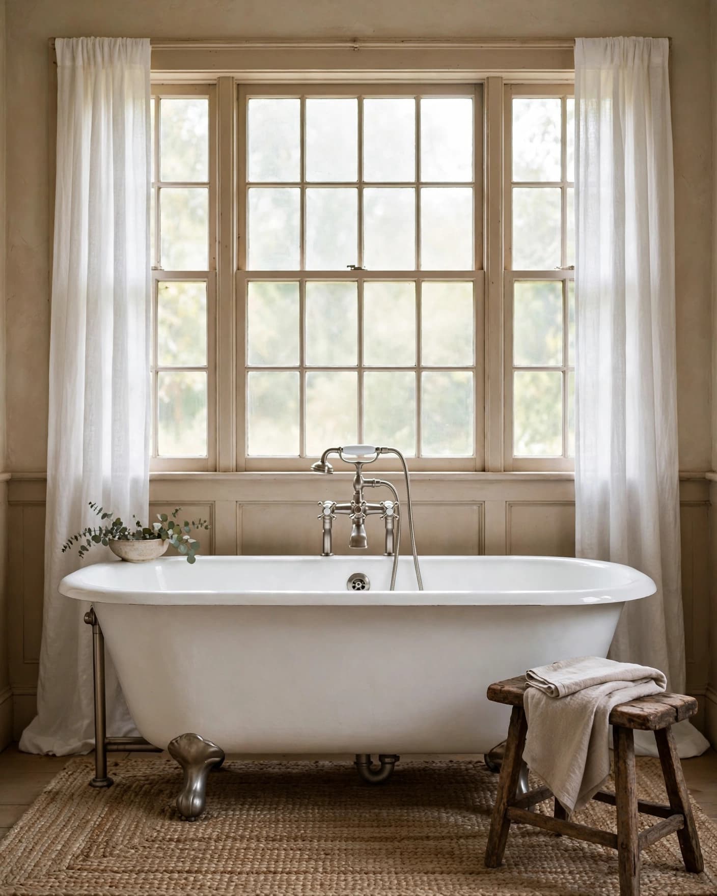 A clawfoot tub beneath a curtained window in a warm farmhouse bathroom.