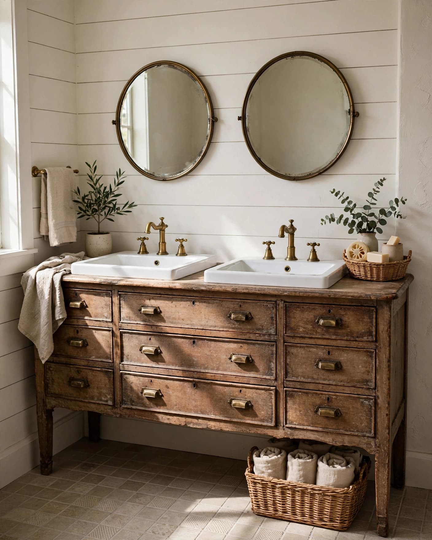 A weathered dresser vanity with two white sinks and brass mirrors in a bright bathroom.