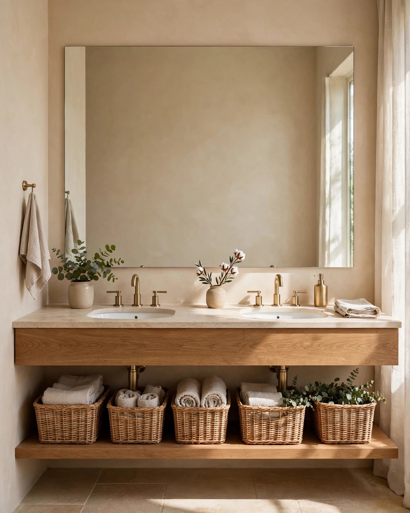 Farmhouse bathroom with a floating oak vanity, two sinks, and brass faucets.