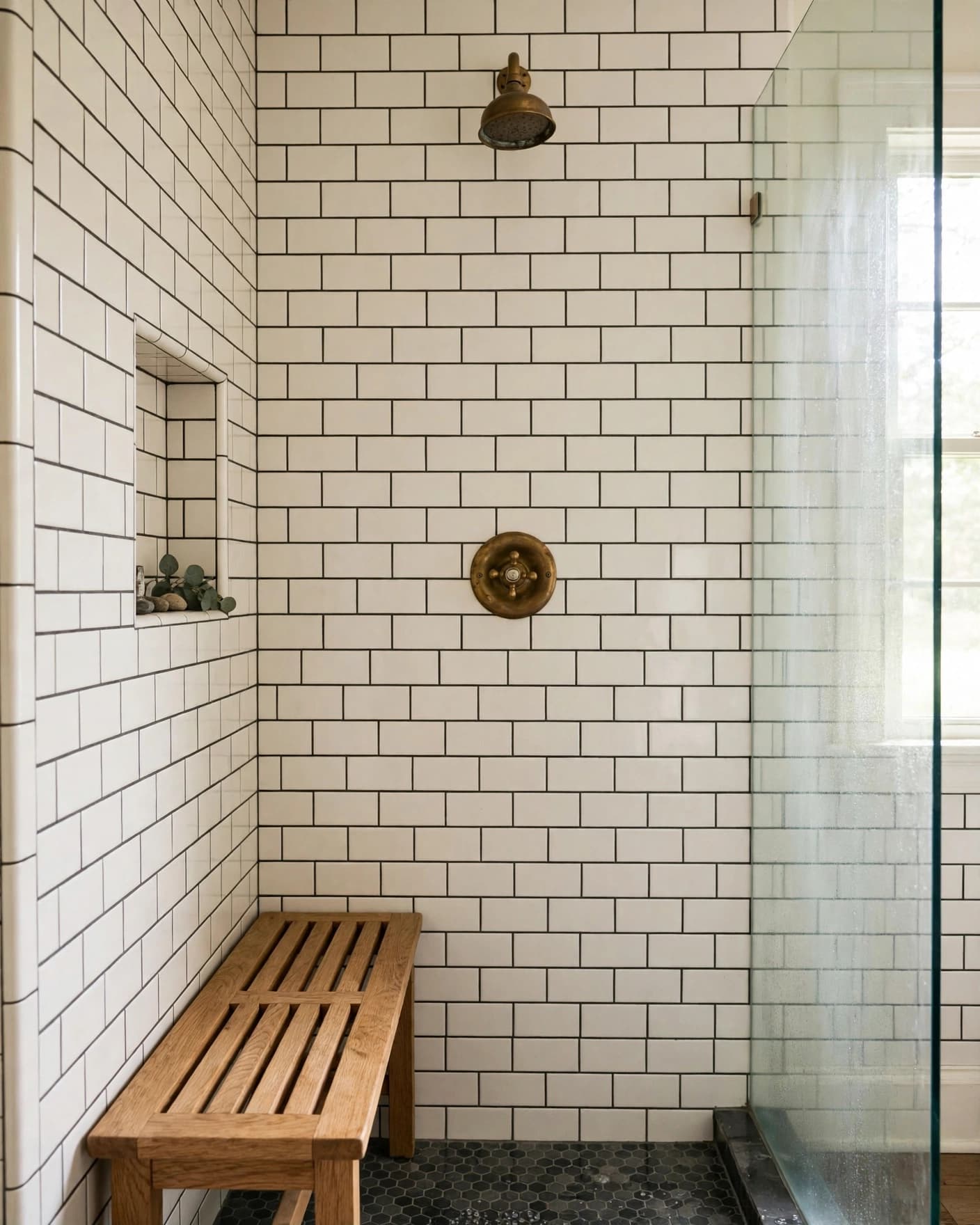 Farmhouse walk-in shower with white subway tile, brass fixtures, and an oak bench.