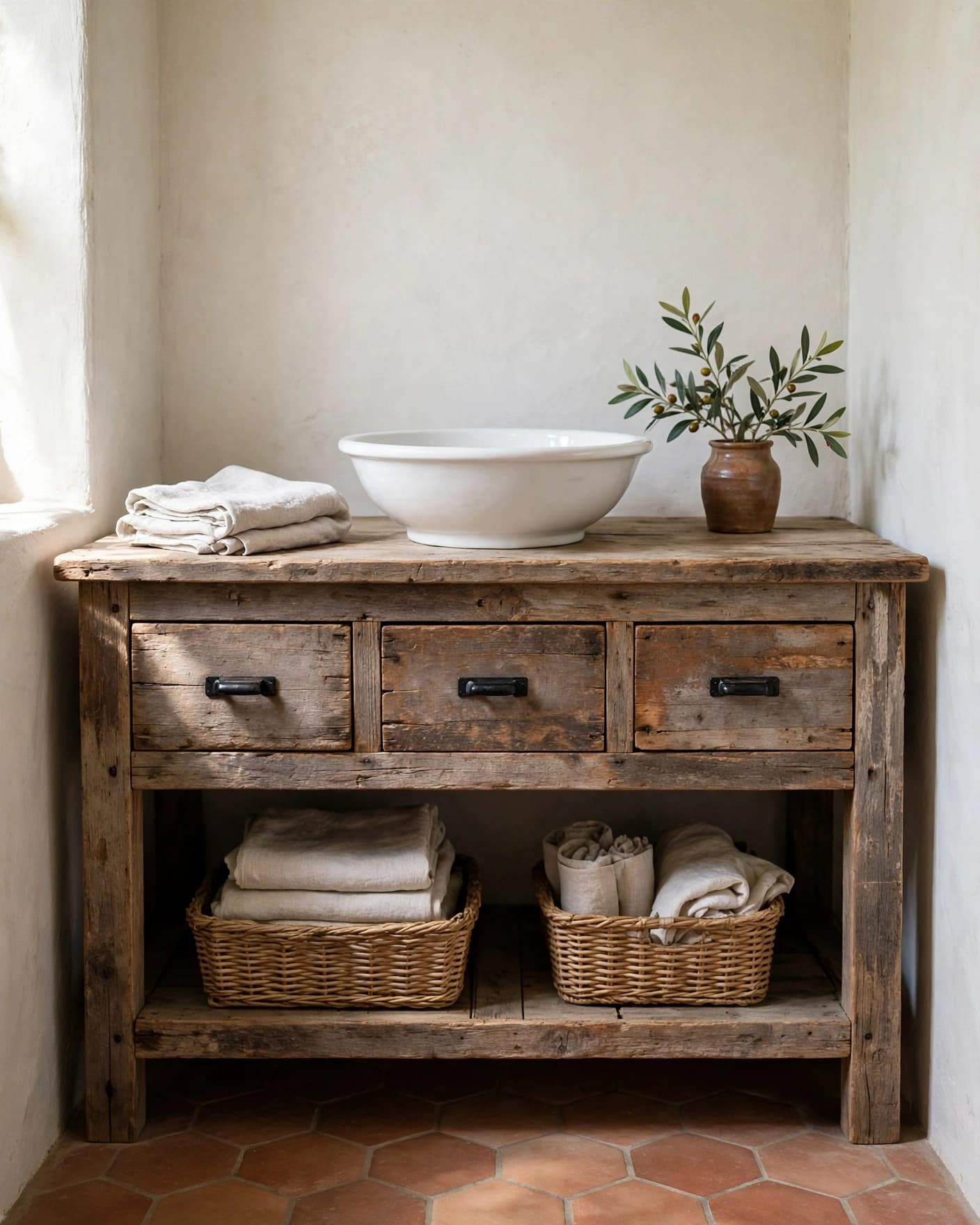 Rustic bathroom with a wood vanity, vessel sink, terracotta floor, and folded towel.
