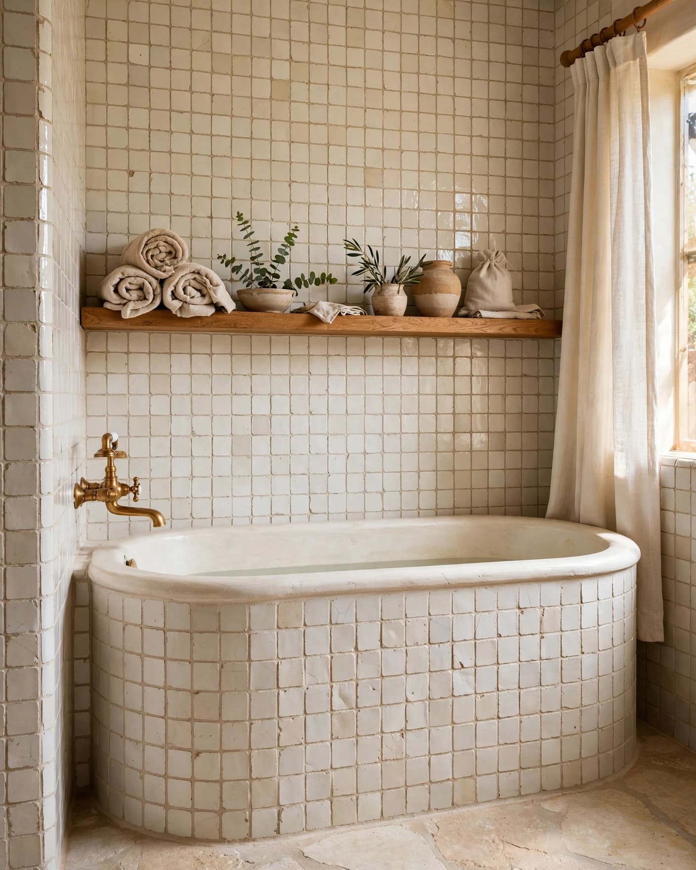 A warm bathroom with creamy tile, a soaking tub, oak shelf, and brass fixture.