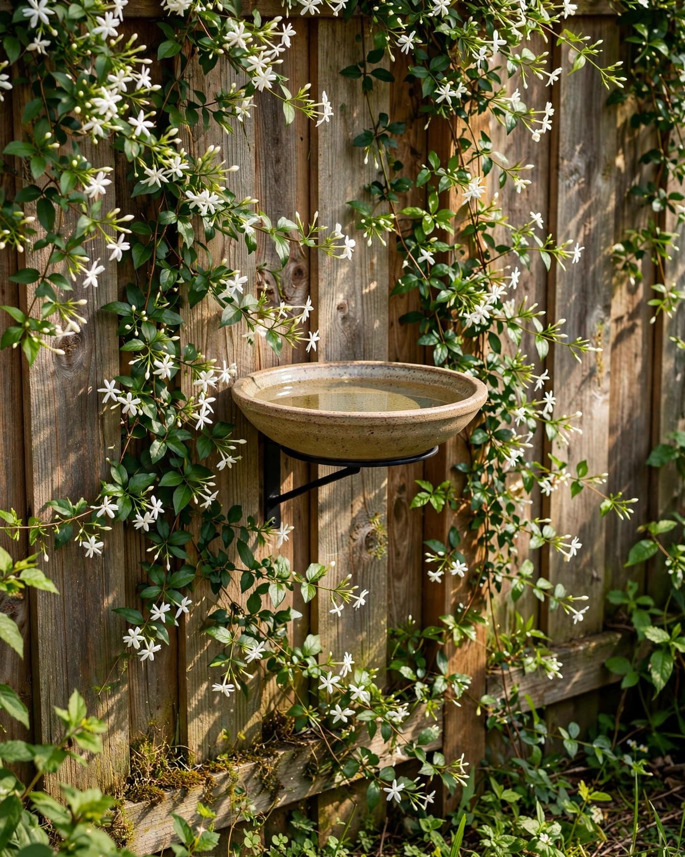 A stoneware bird bath mounted on a cedar fence among jasmine vines.