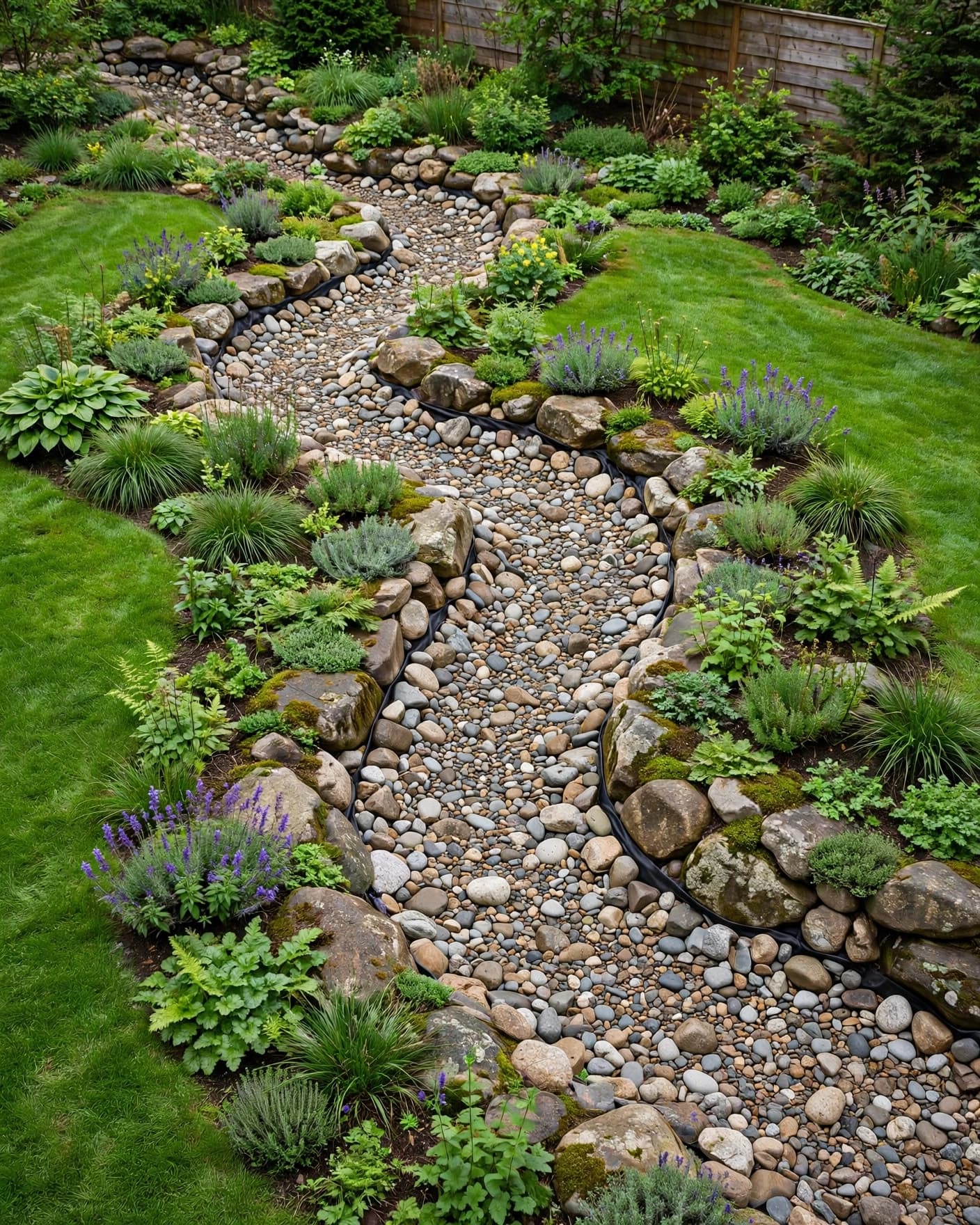 A curved dry creek bed with river rocks, boulders, plants, and lawn edges.