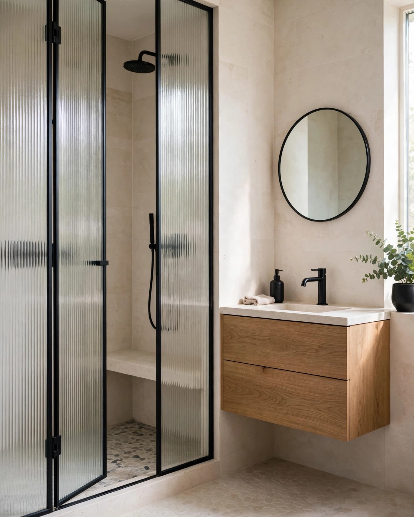 Small bathroom with a fluted glass shower and floating oak vanity.