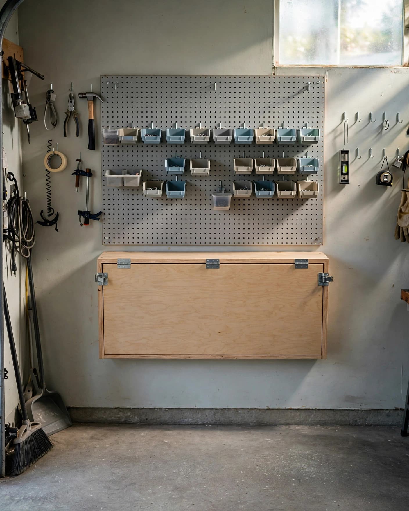 A folded wall-mounted workbench with pegboard storage in a small garage.