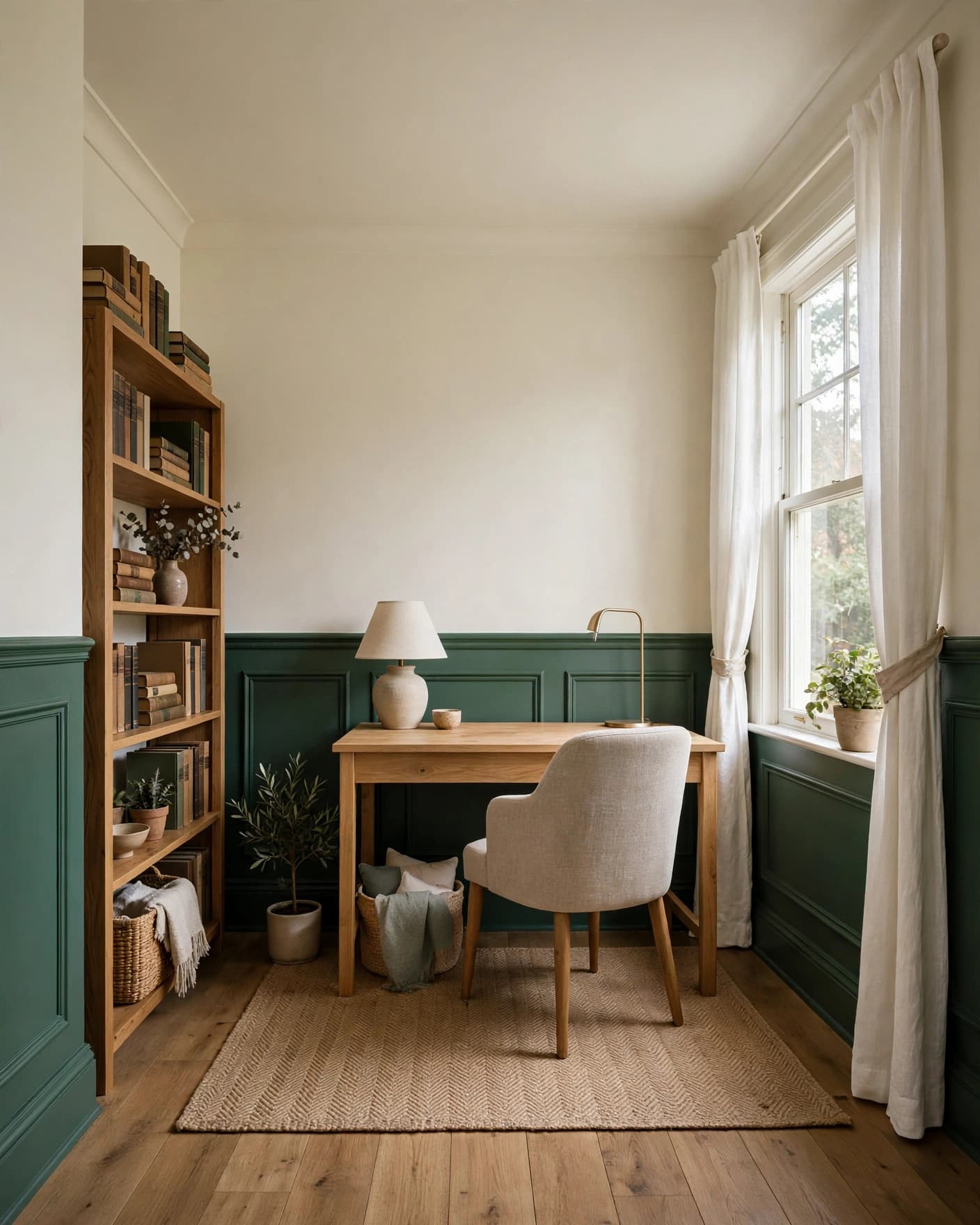 A compact office with green lower walls, a desk, chair, bookshelf, and window.
