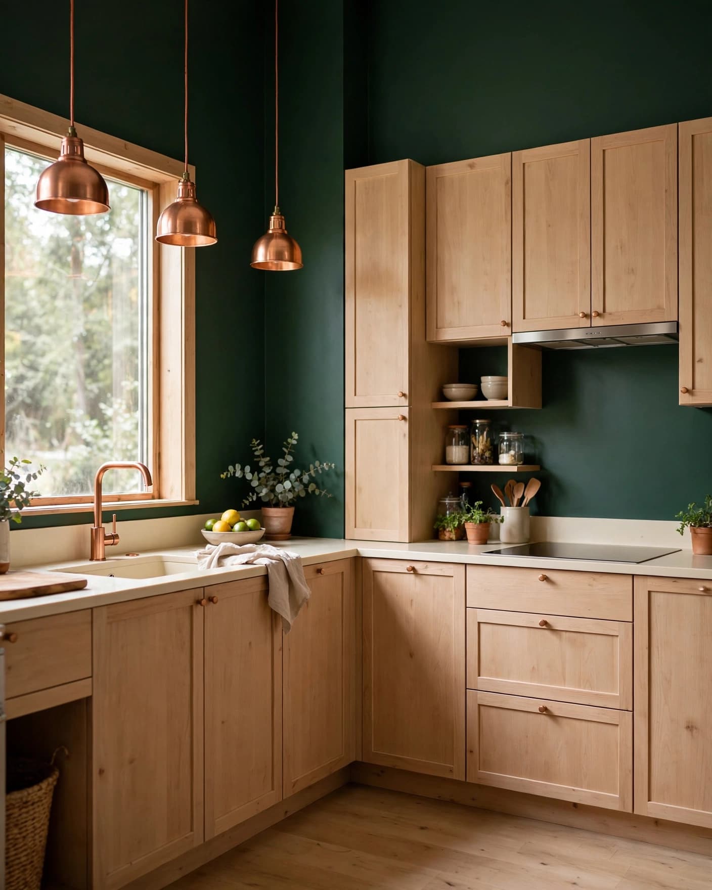 A green kitchen with wood cabinets, cream counters, and copper pendant lights.