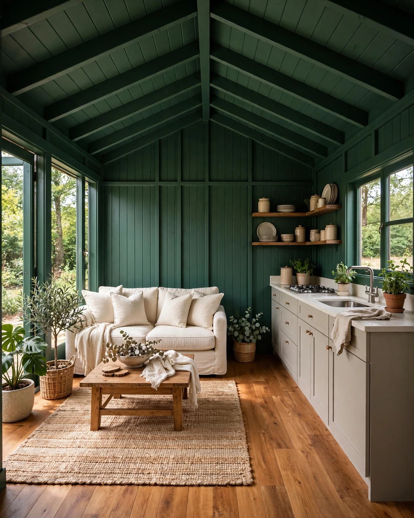 A cream sofa sits in a green living room beside a compact kitchen.