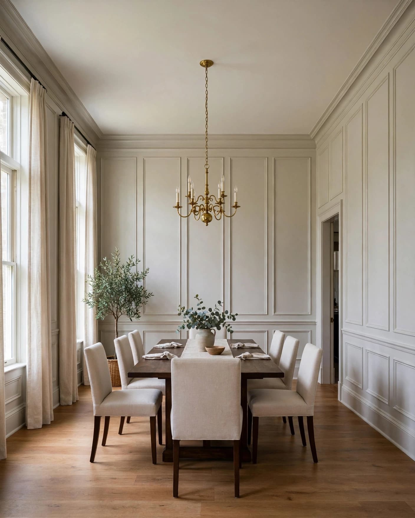 A dark wood dining table and upholstered chairs stand against tall paneled gray walls.