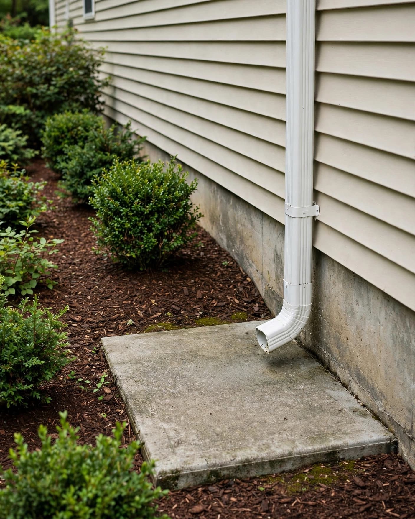 A downspout drains onto a concrete splash pad beside a foundation and shrubs.