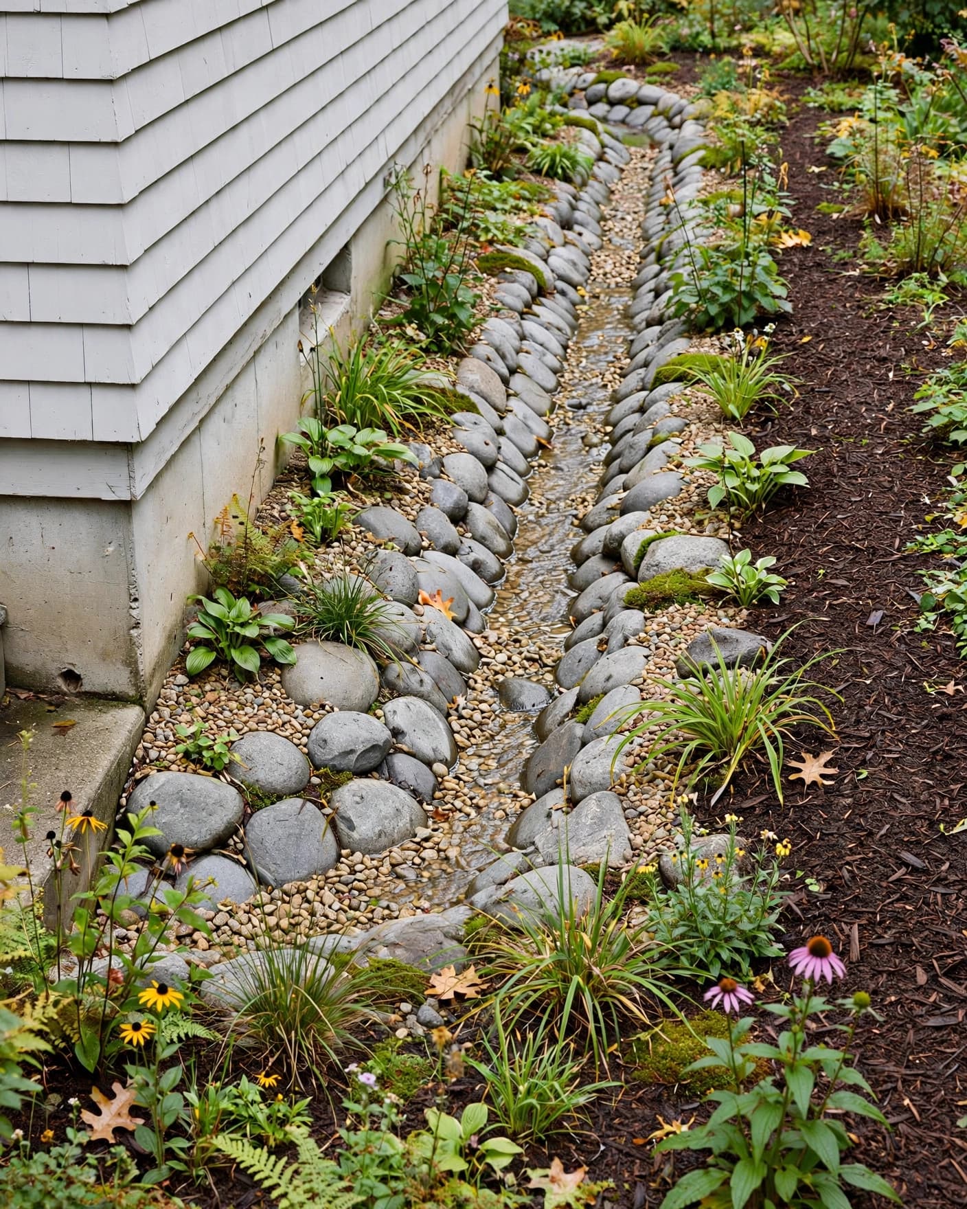 A narrow stone creek bed directs rainwater away from a house foundation.