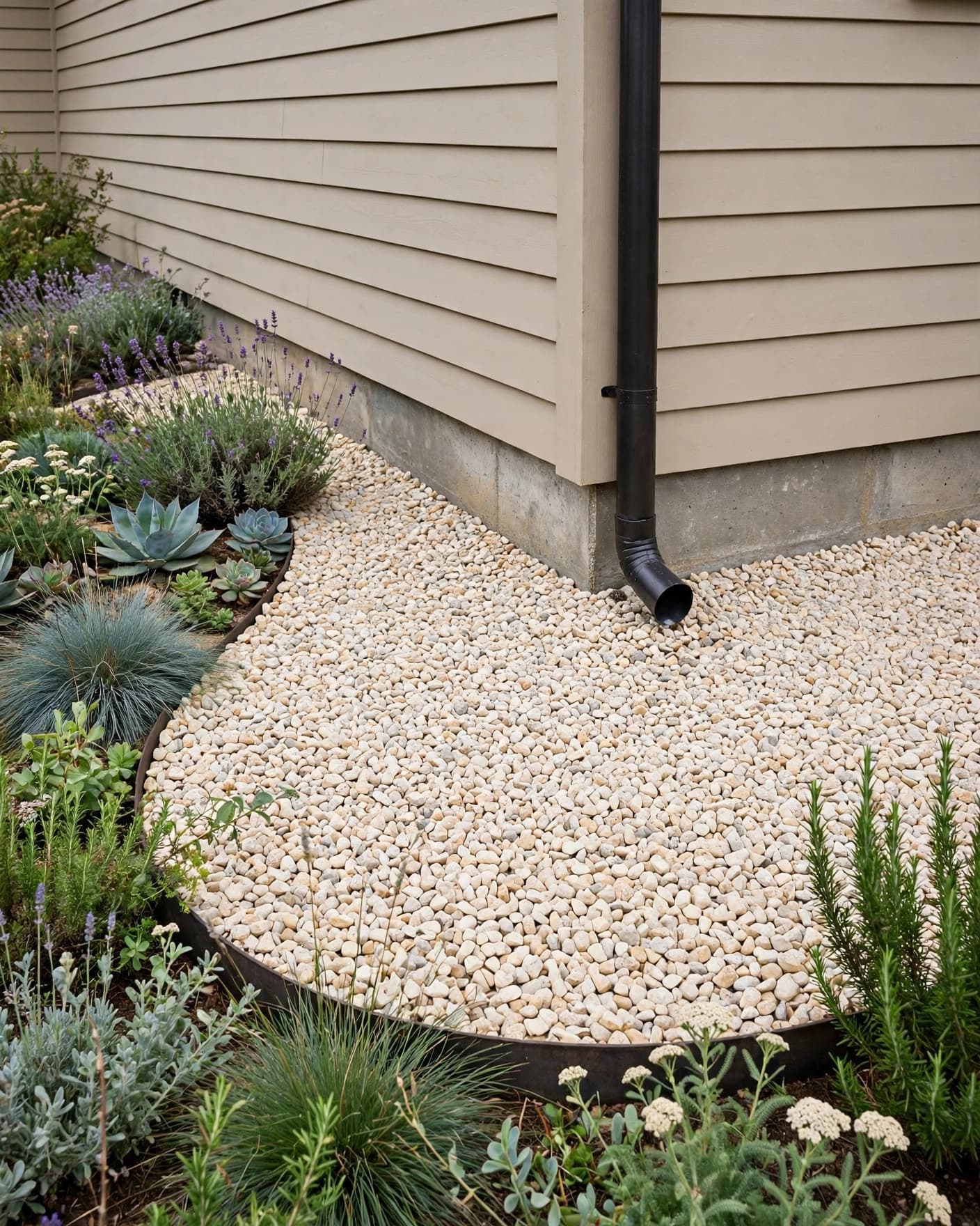 Home foundation with a downspout draining into pale gravel bordered by steel edging and plants.