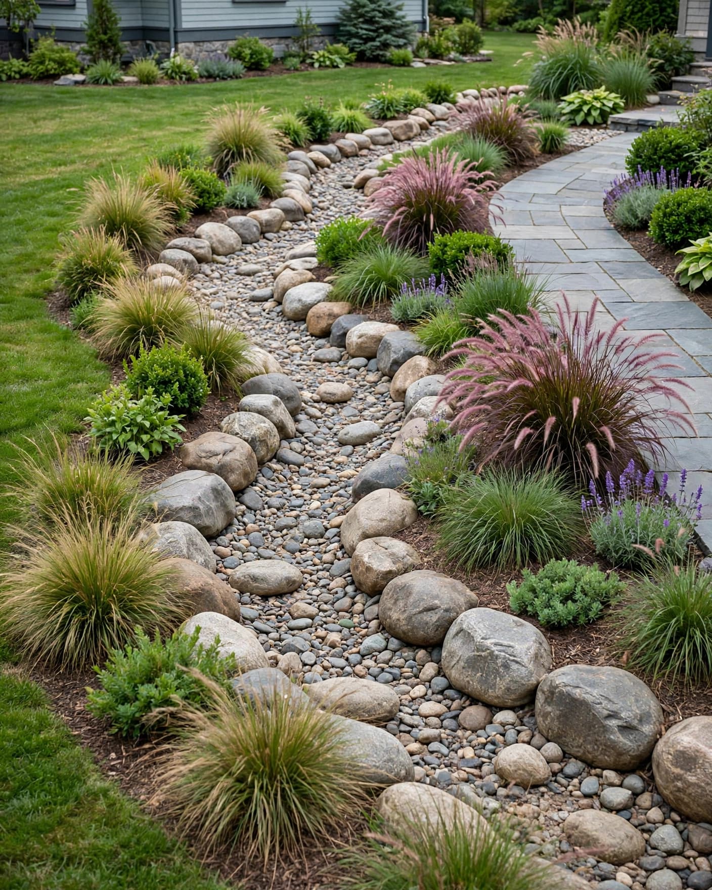 A dry creek bed crosses a lawn beside a walkway and neat planting beds.