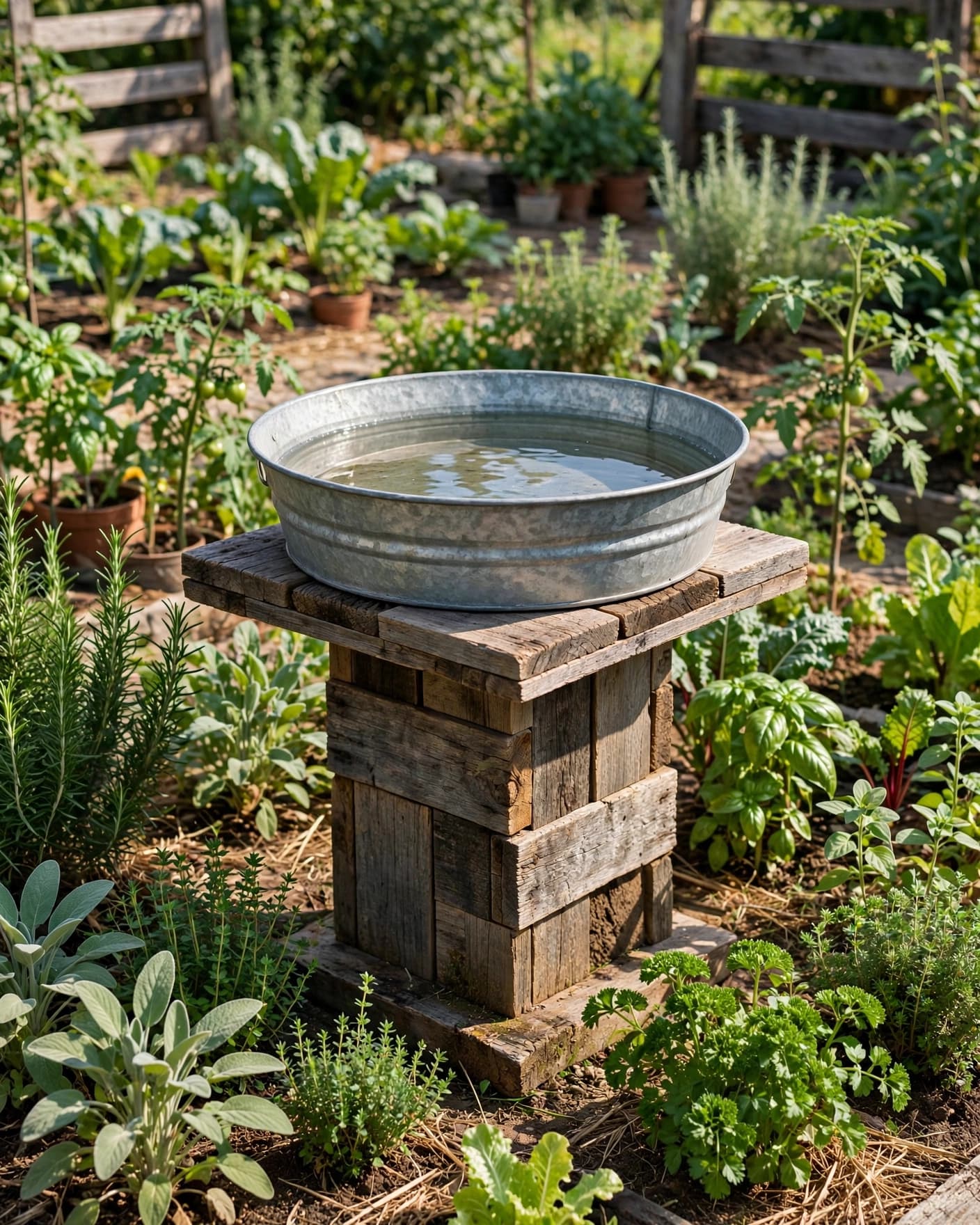 A galvanized tub bird bath stands on a wood pedestal beside a vegetable garden.