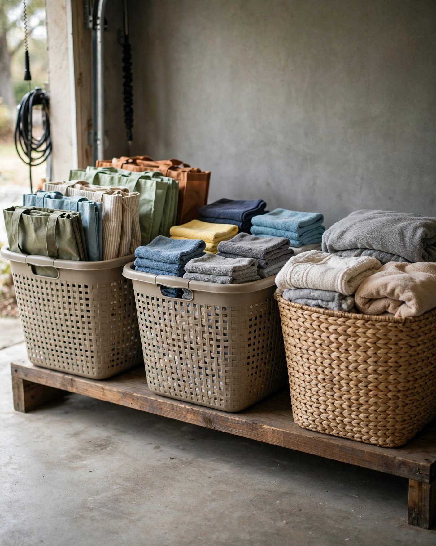Laundry baskets on a low garage shelf sort bags, cloths, and soft items.