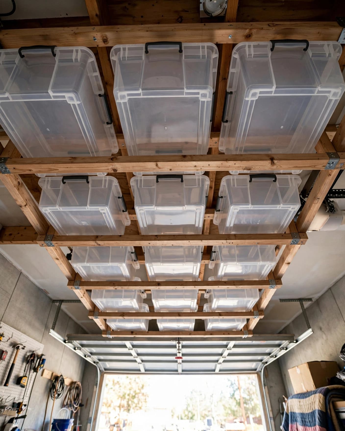 Wooden ceiling rack holding blank plastic storage totes in an organized garage.