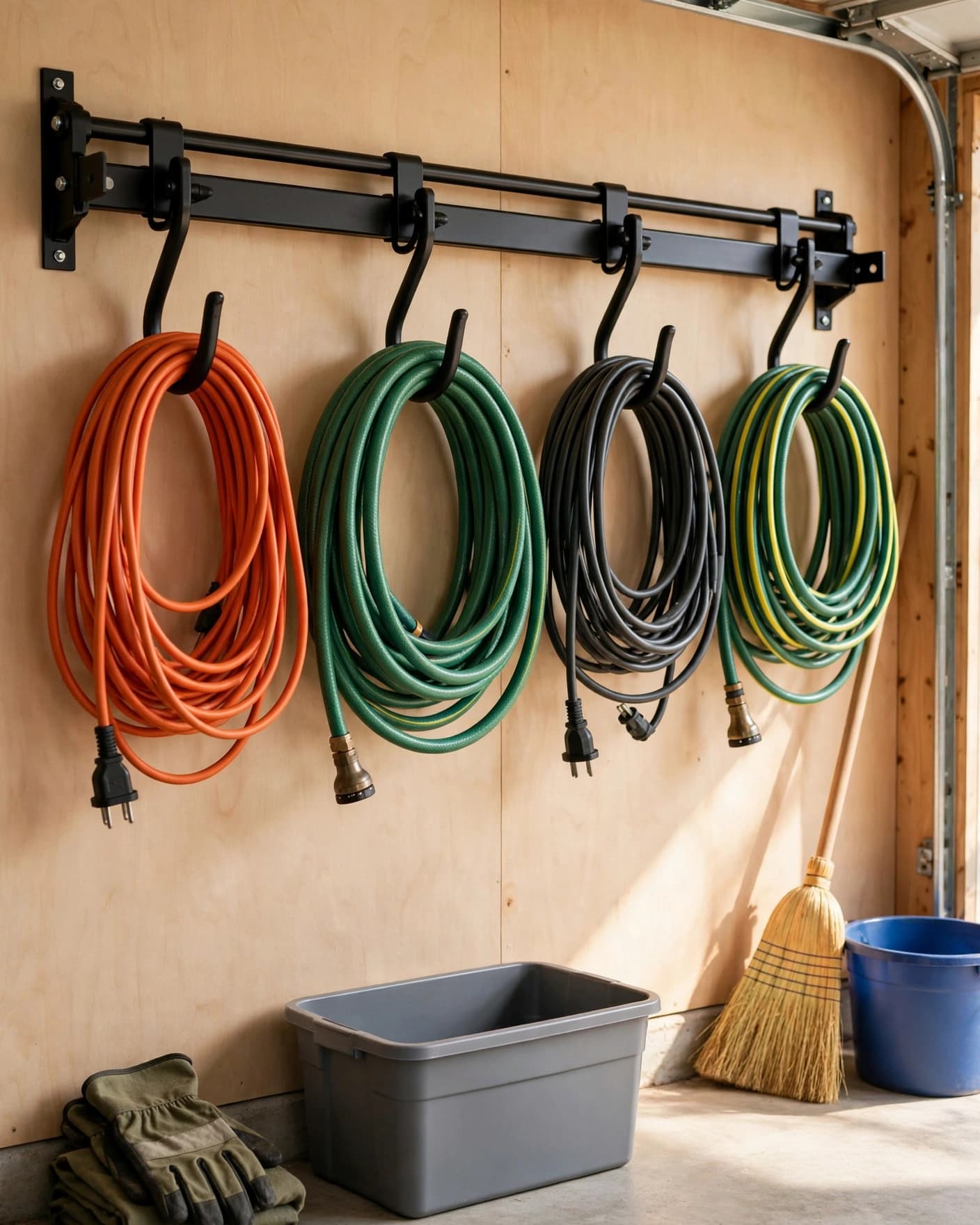 A wall rail holds coiled cords and hoses above a tidy garage floor.
