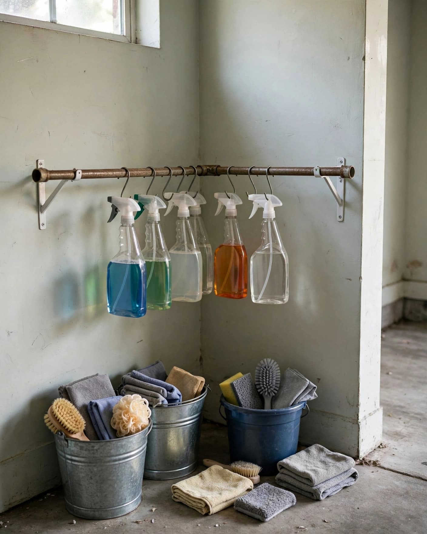Spray bottles hang from a curtain rod in a tidy garage corner.