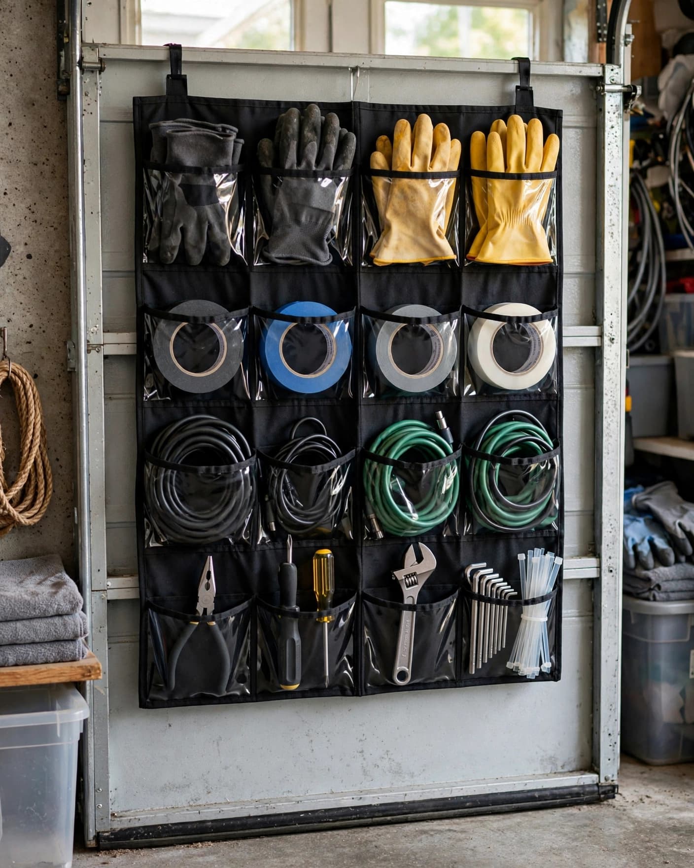A hanging shoe organizer stores gloves, tape, cords, and tools on a garage door.