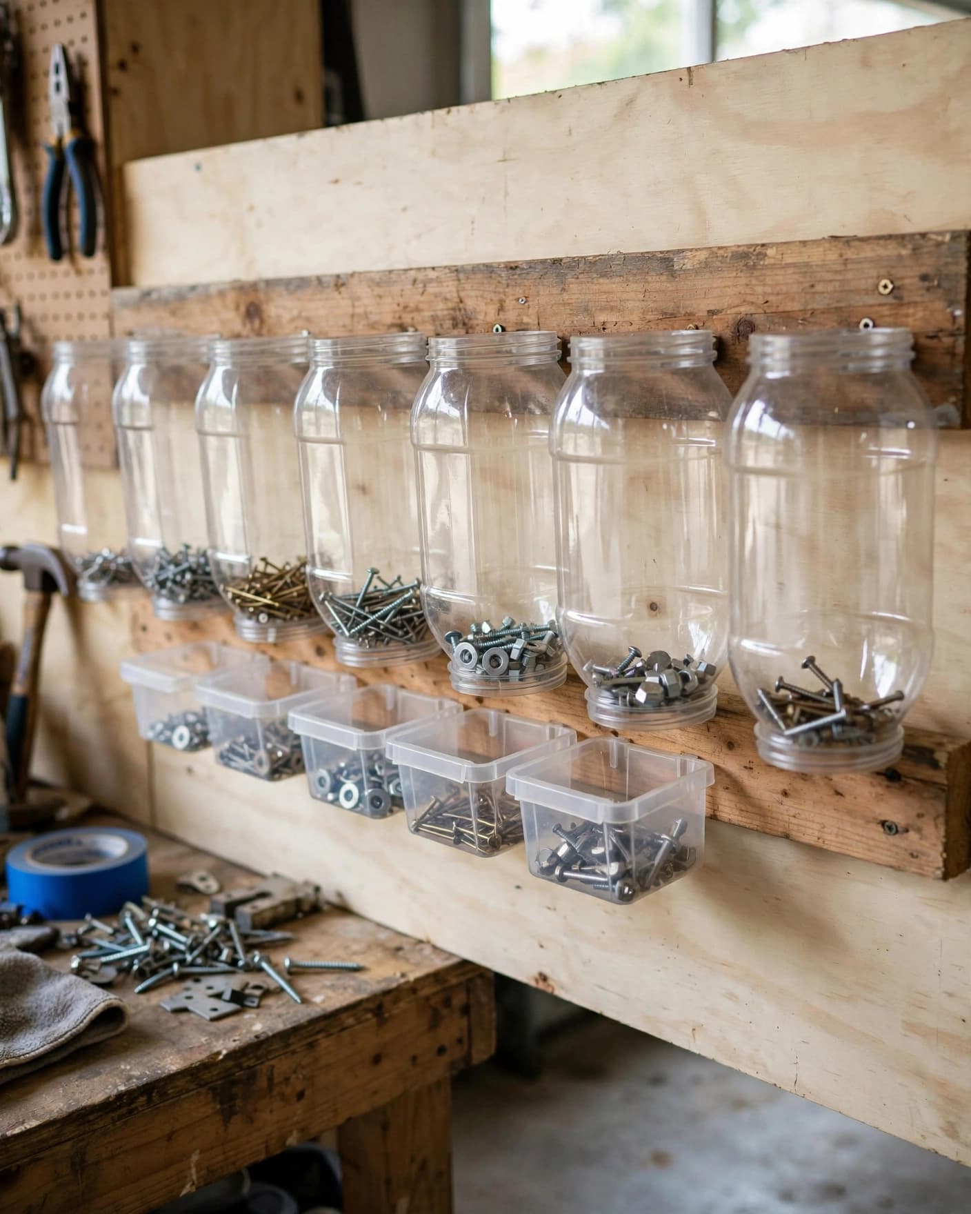 Clear jars and bins hold screws and nails on a wooden garage organizer.