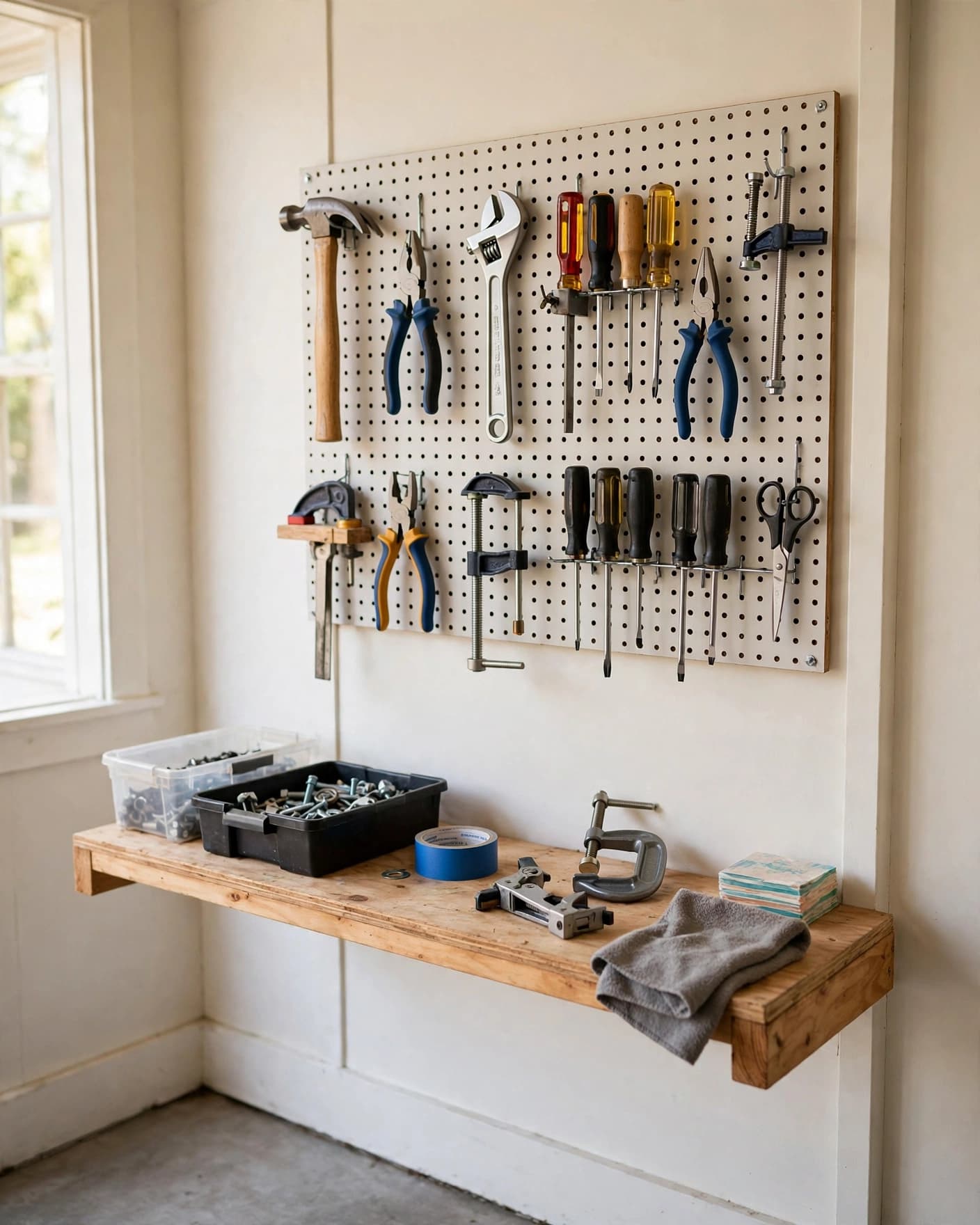 Pegboard with hand tools above a narrow workbench in a bright garage.