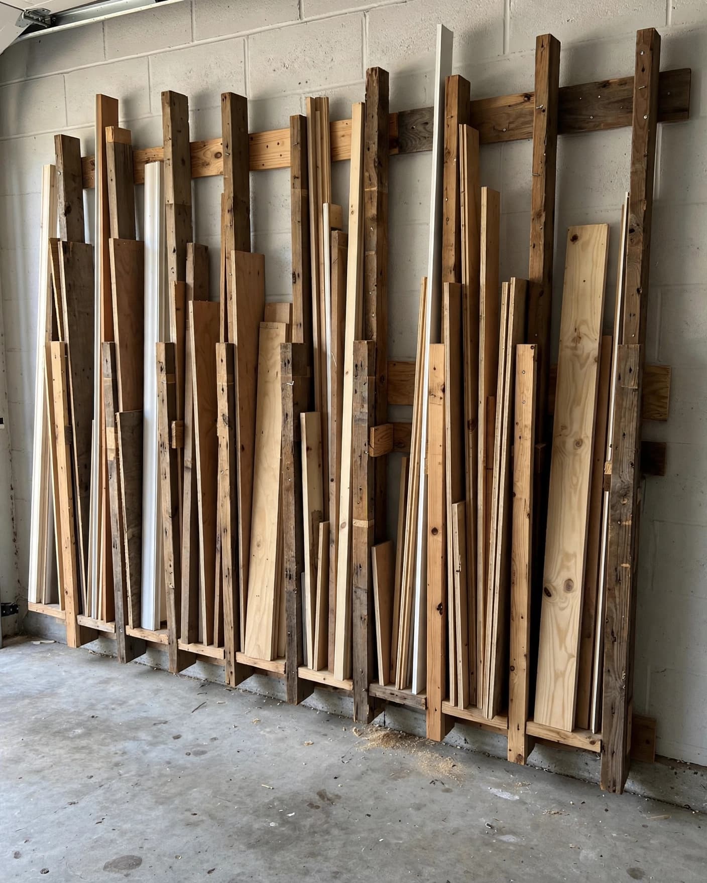 Wall-mounted wooden slots hold scrap boards and trim in a garage.