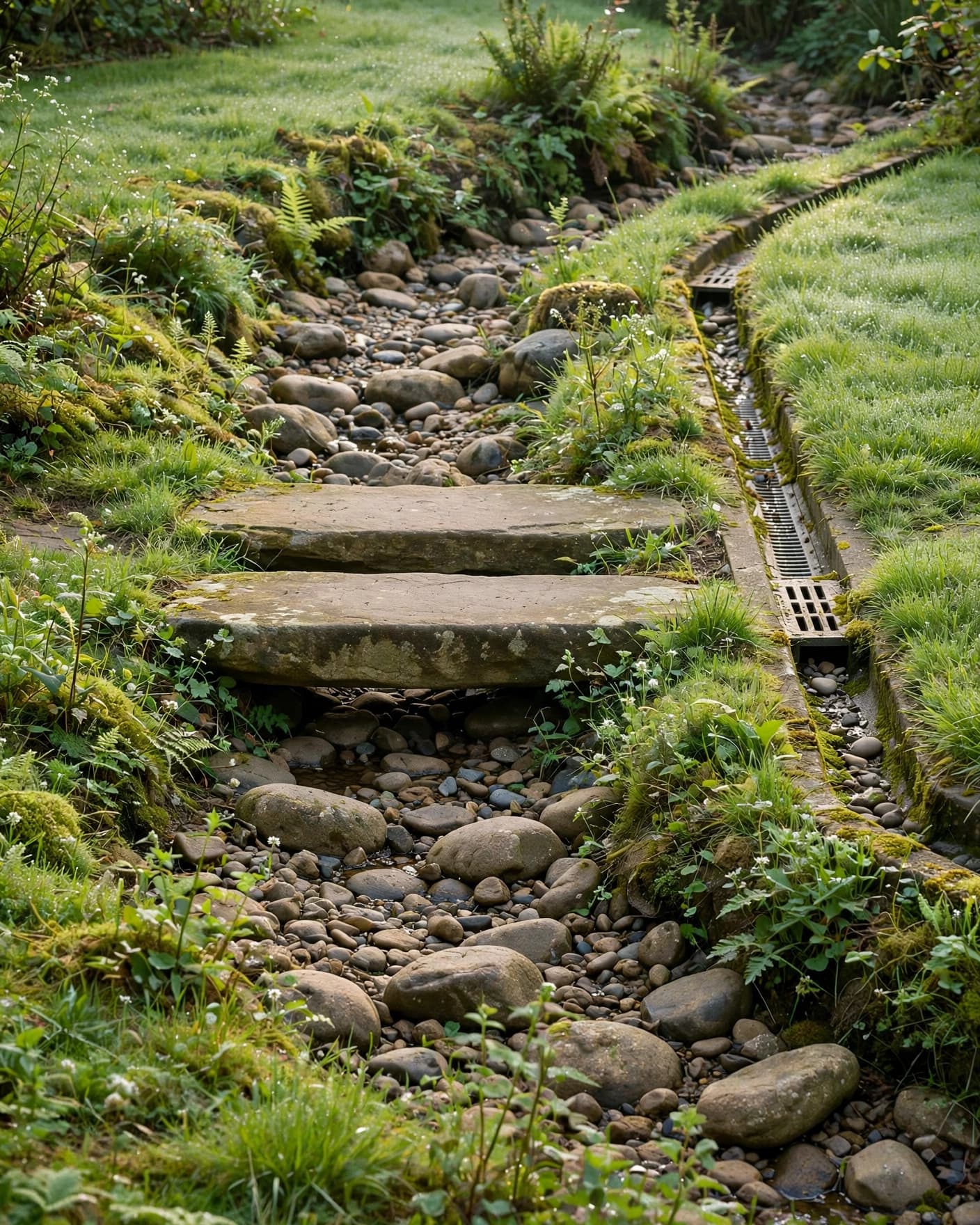 Two flat stepping stones cross a dry creek bed between green lawns.