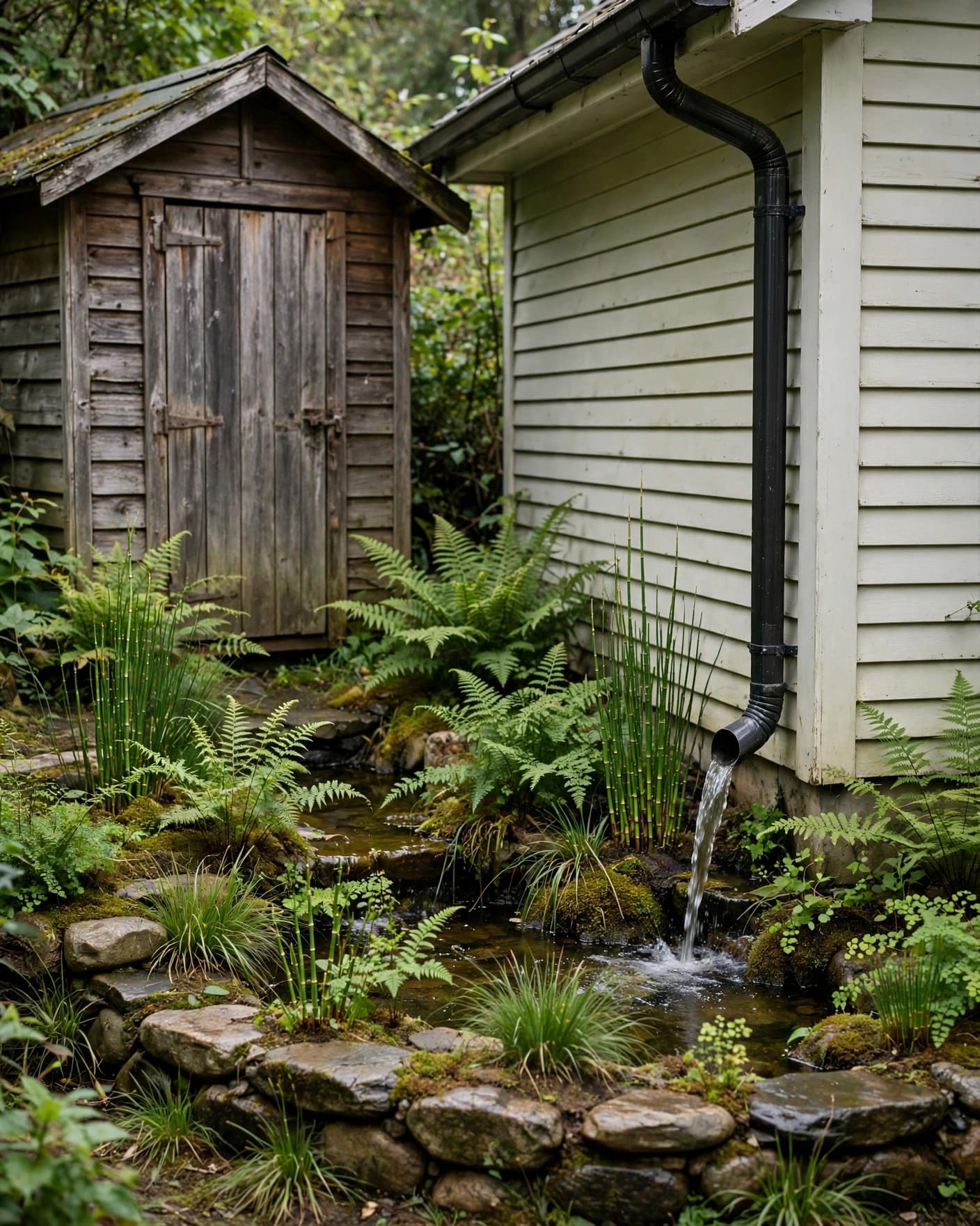 A shed downspout drains into a shallow basin planted with ferns and grasses.