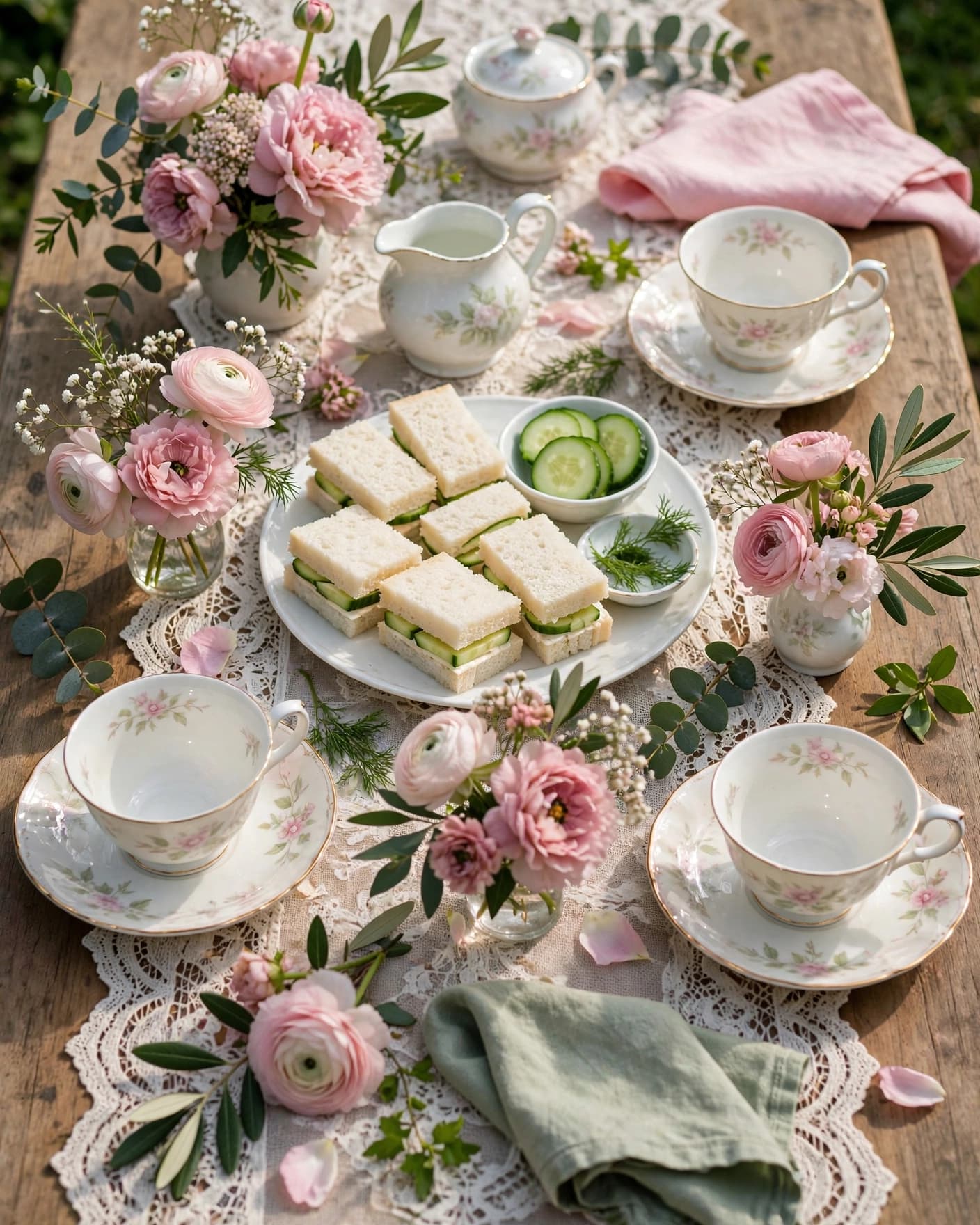 A baby sprinkle table with teacups, sandwiches, flowers, and a lace runner.