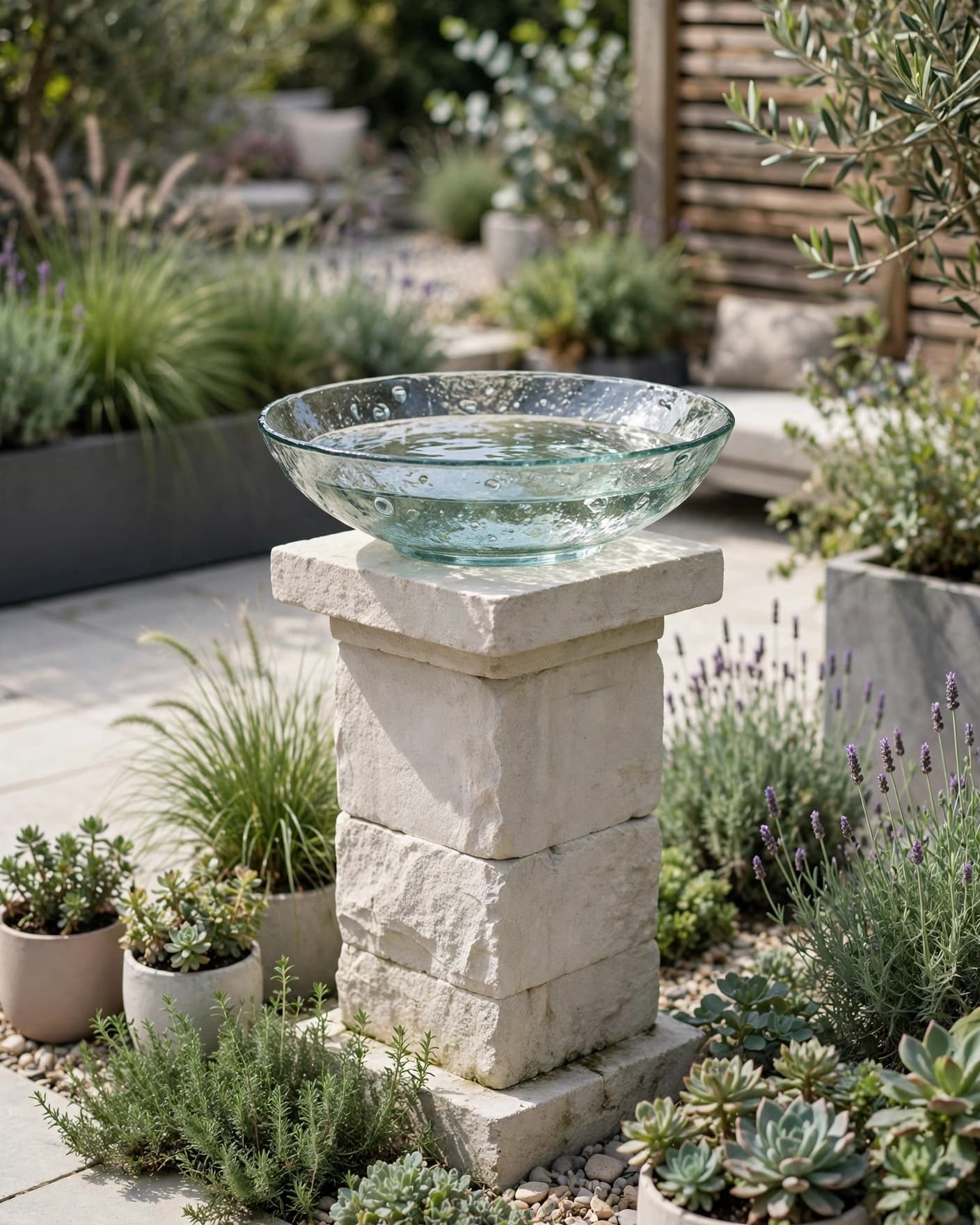 A glass bowl bird bath sits on a pale stone column in a modern garden.