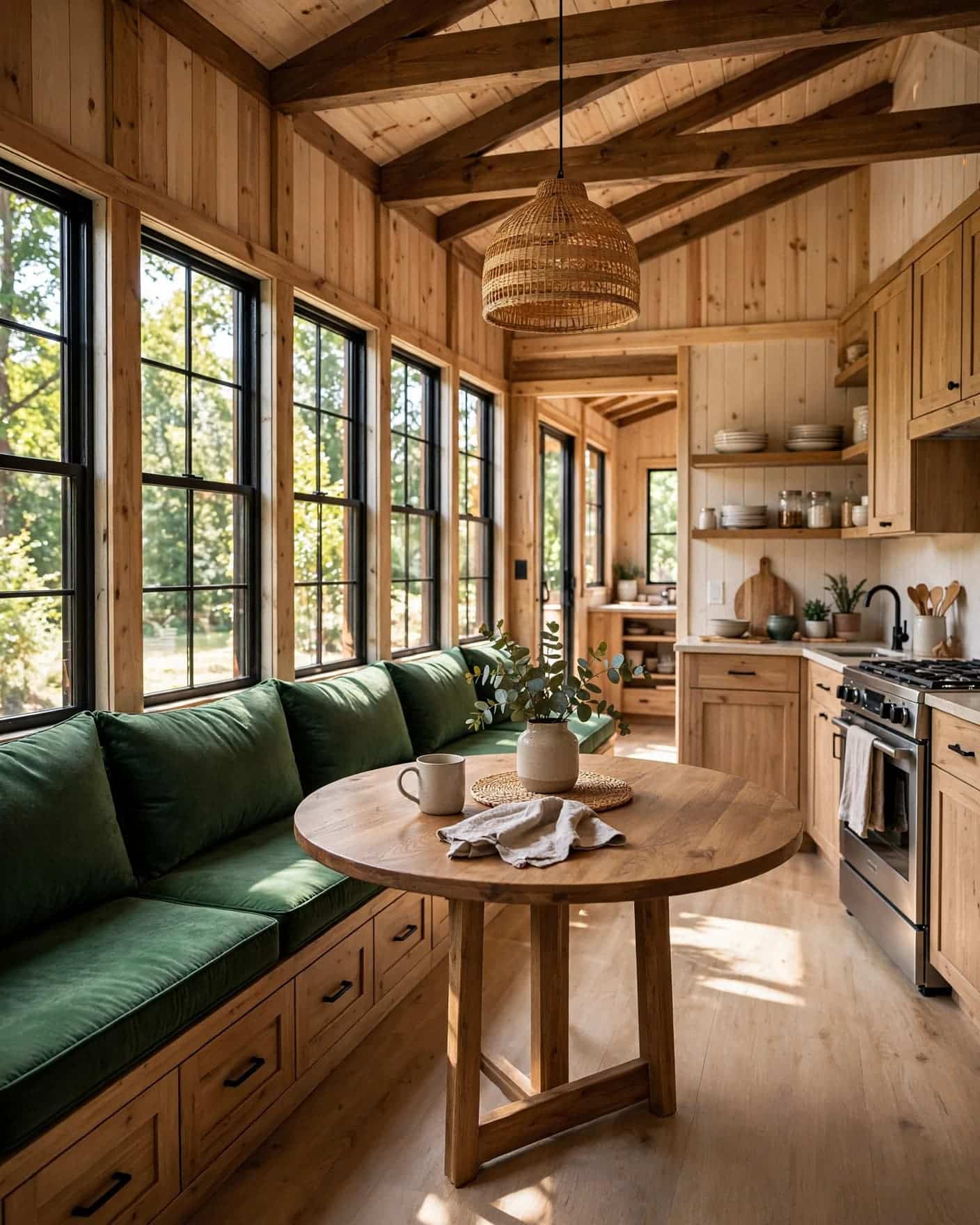 A green-cushioned dining bench with drawers sits beside a round table and open kitchen.