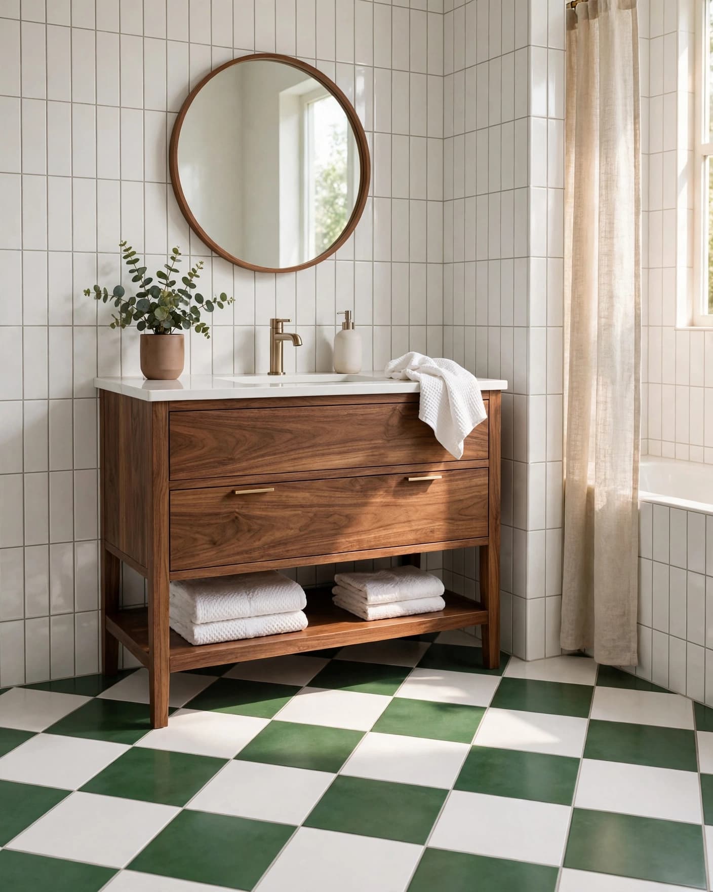 Bathroom with green-and-white checkerboard tiles, a walnut vanity, and a round mirror.