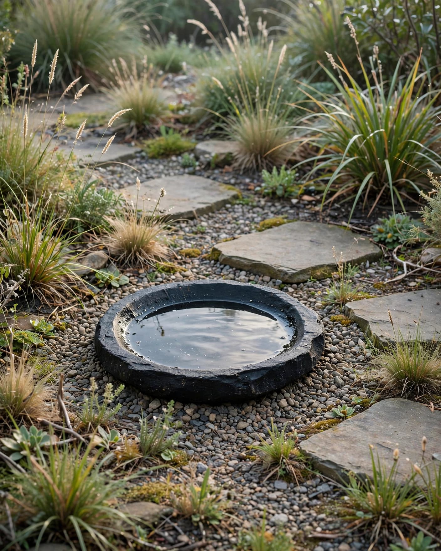 A black stone bird bath set in gravel beside stepping stones and native grasses.