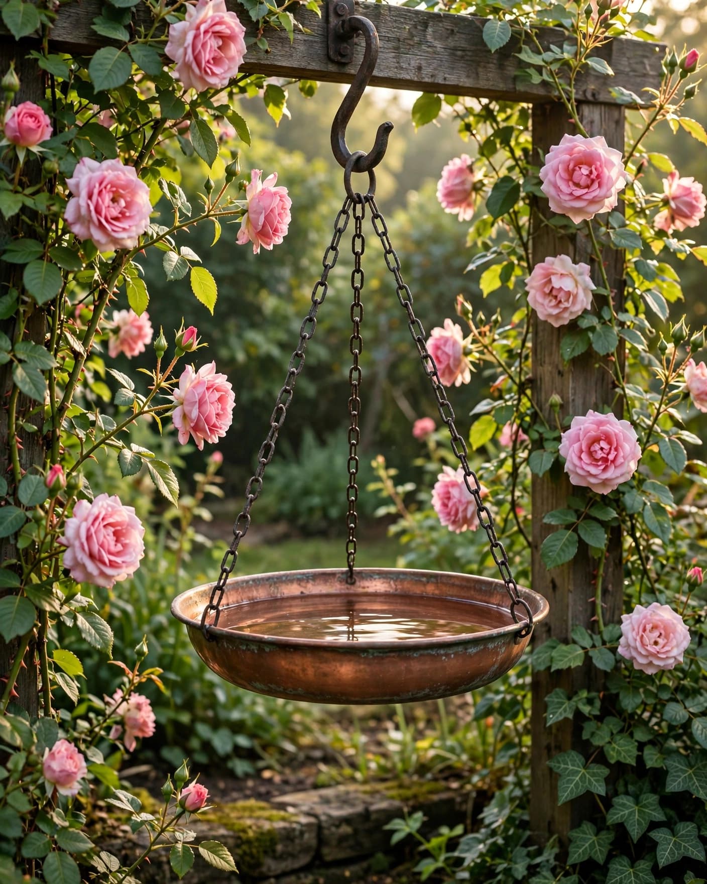 A copper bird bath hangs among climbing roses in warm morning light.