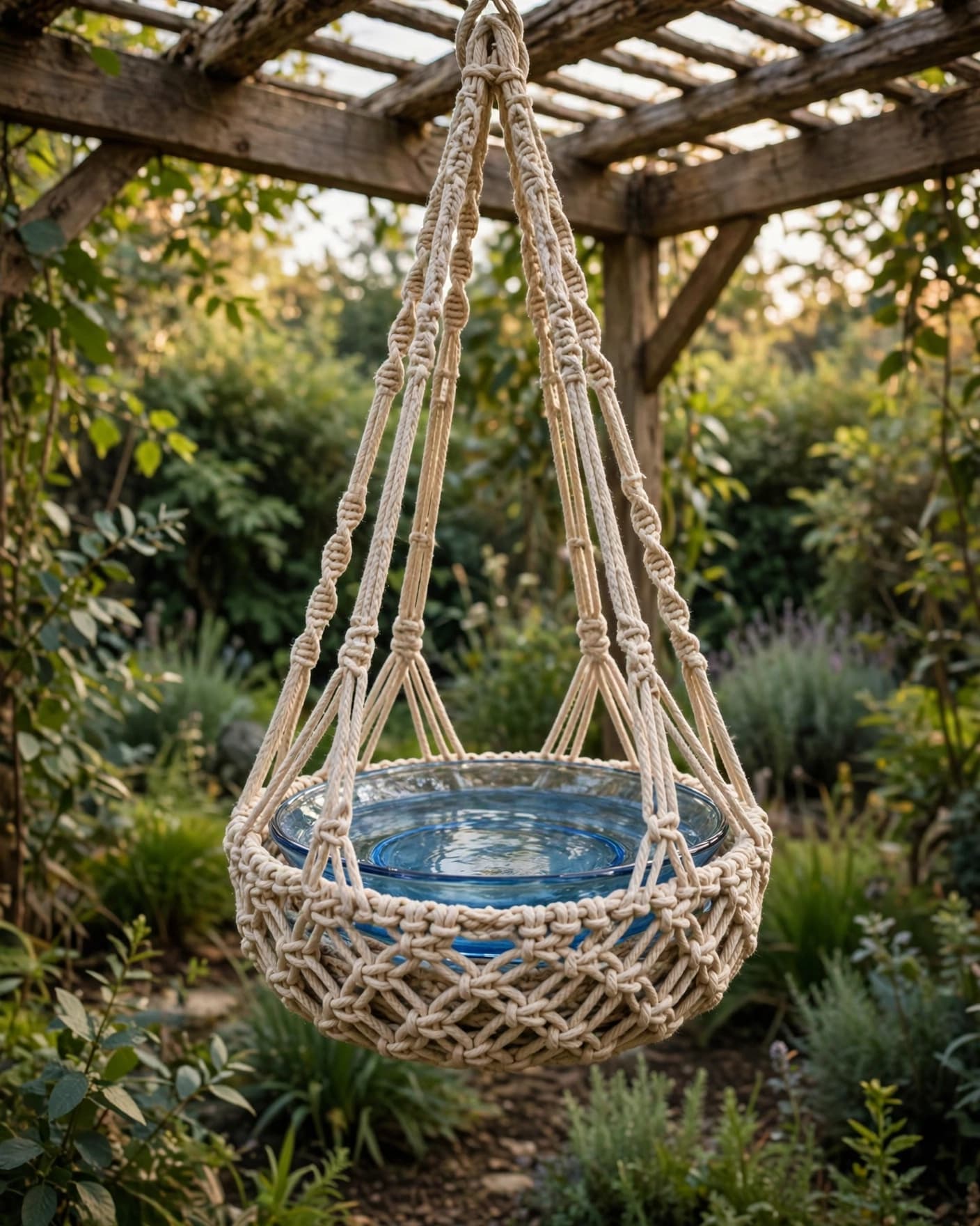 A blue glass bird bath hangs inside a macrame basket beneath a wooden pergola.