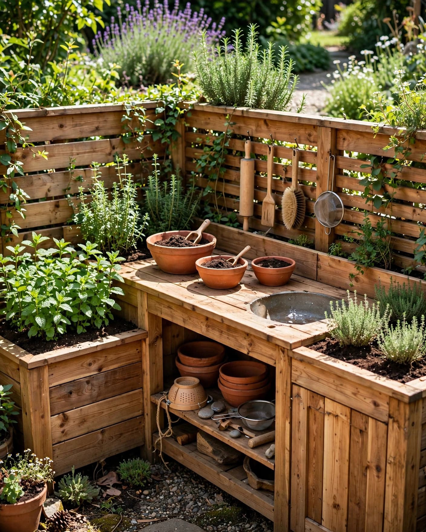 A cedar mud kitchen with mint, thyme, bowls, and soil in a sunny backyard.
