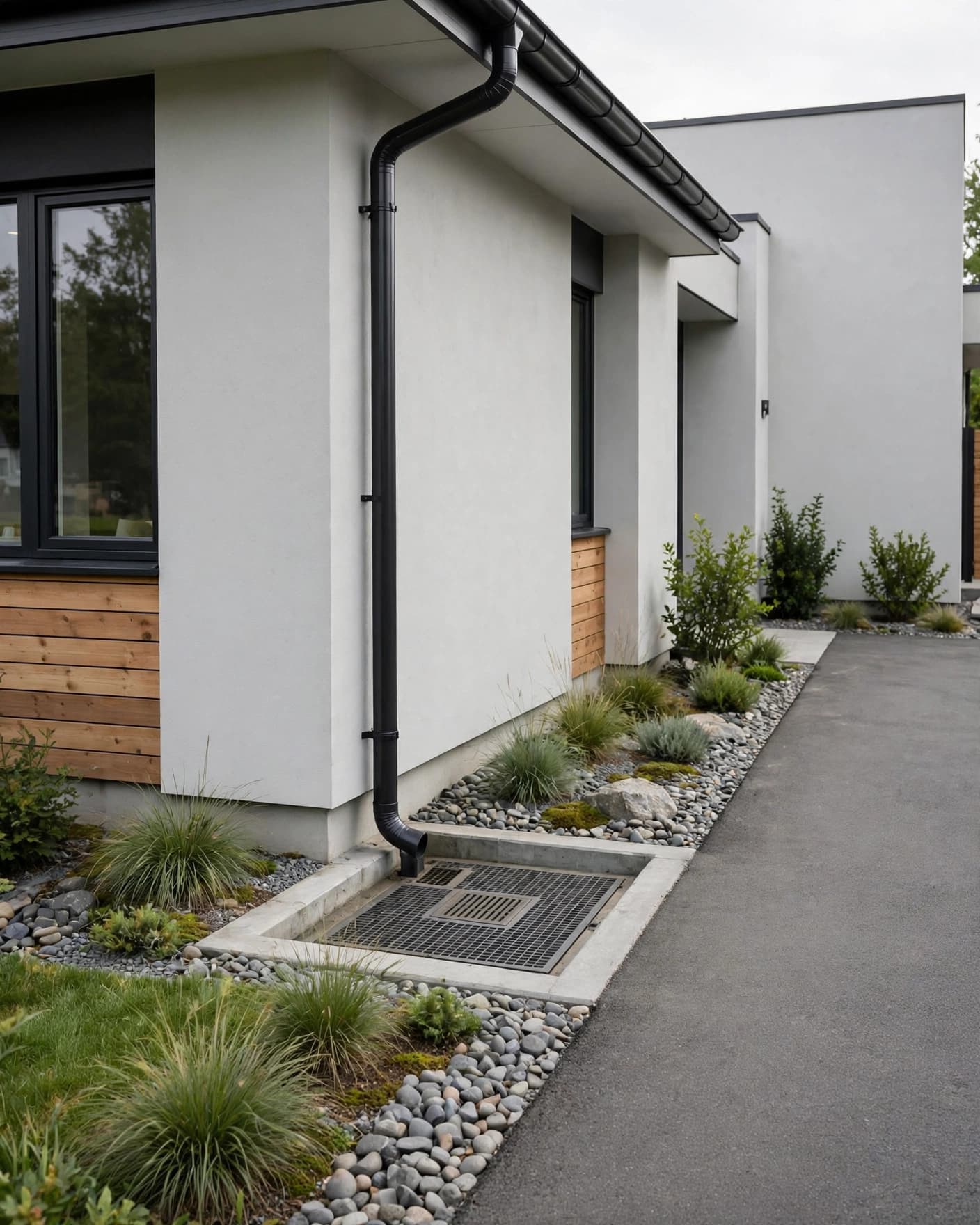 Contemporary home with a grated catch basin beside the driveway.