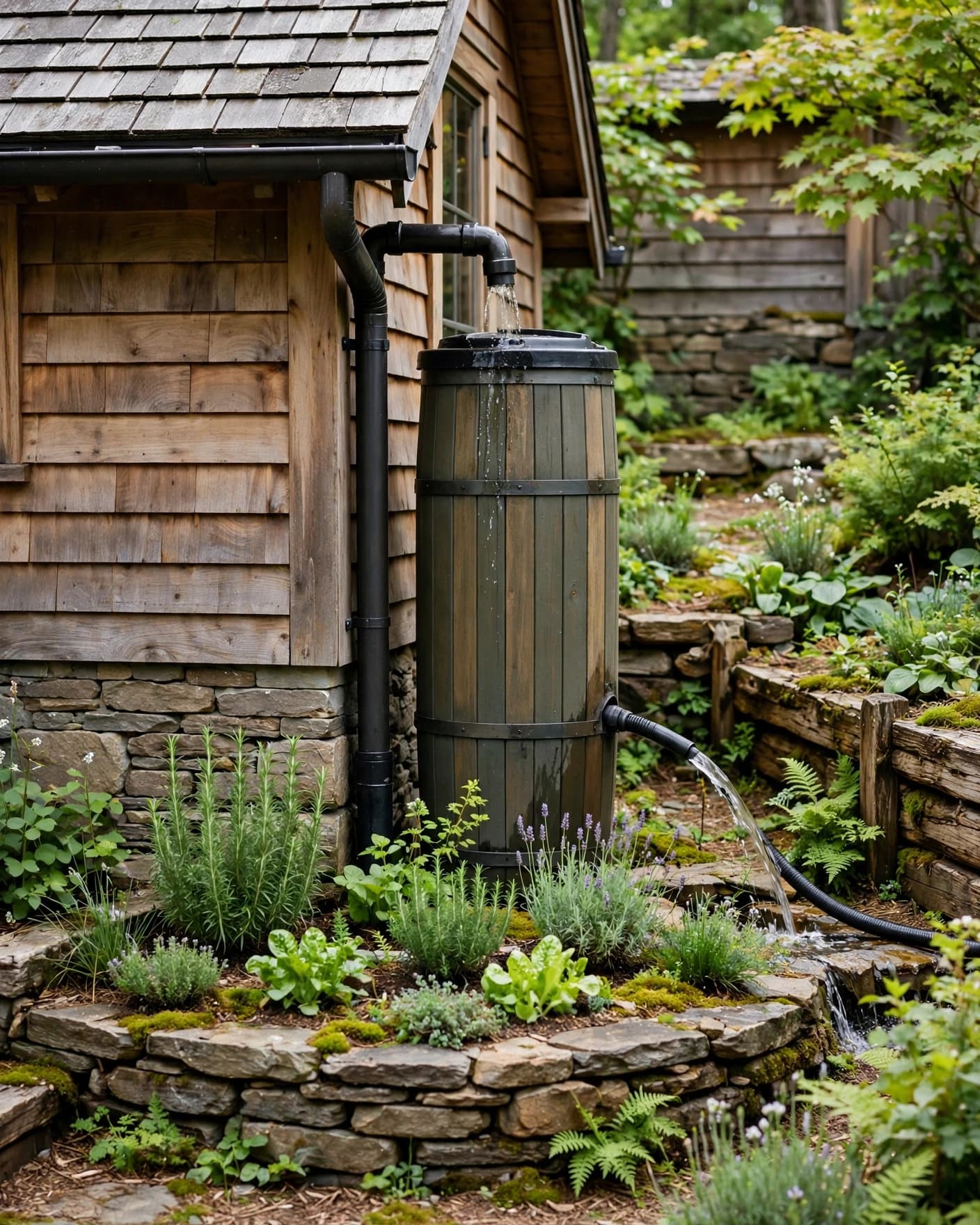 A rain barrel beside a small home sends overflow water toward a planted garden bed.