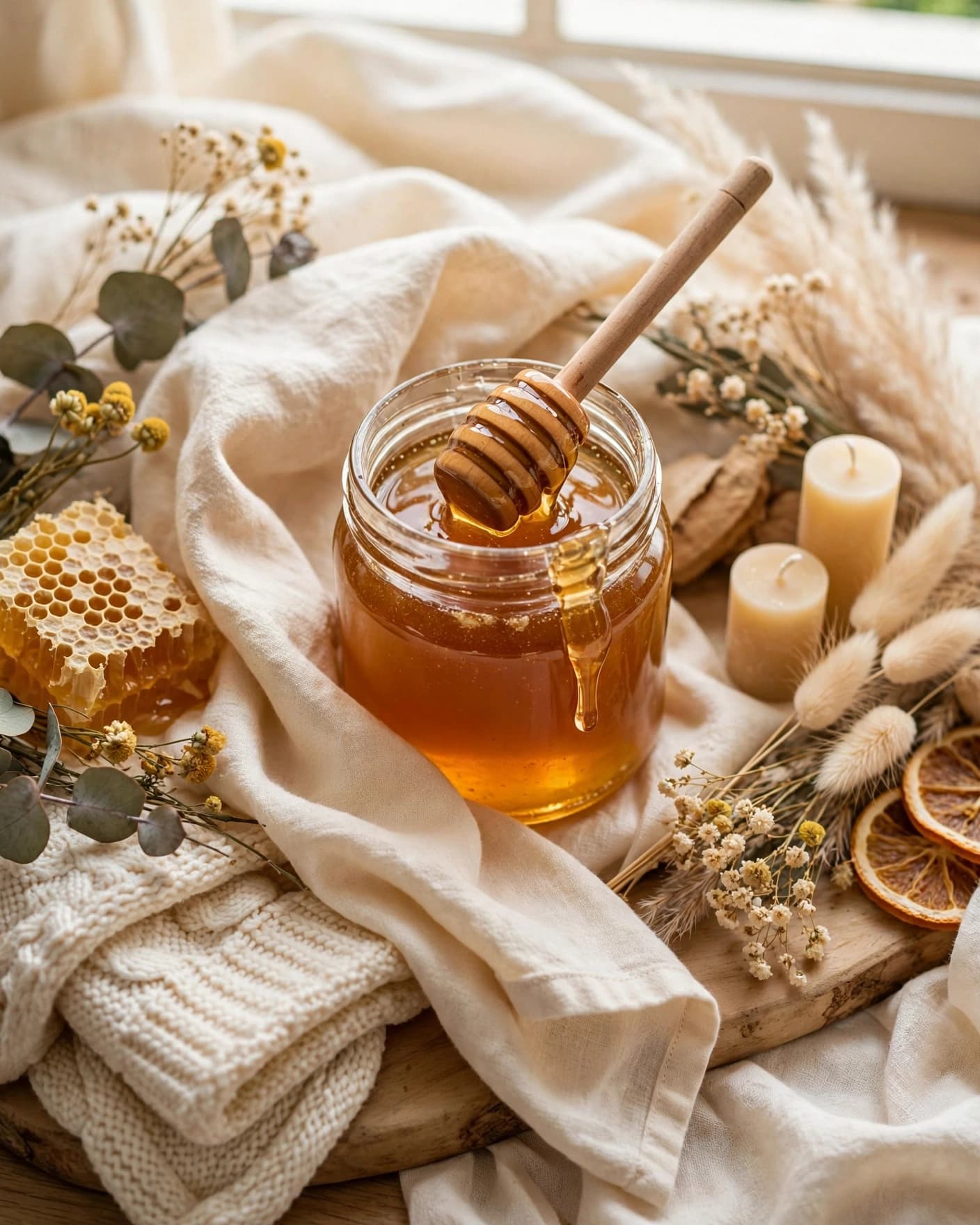 A jar of golden honey with a wooden dipper and folded tea towel.