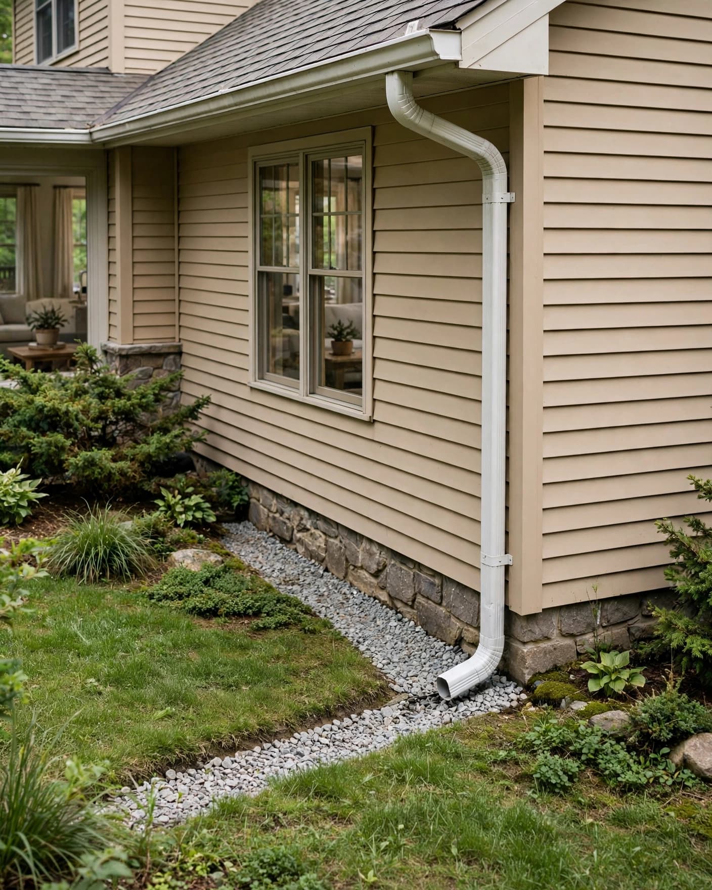 House downspout ending in a gravel drainage trench beside the foundation.