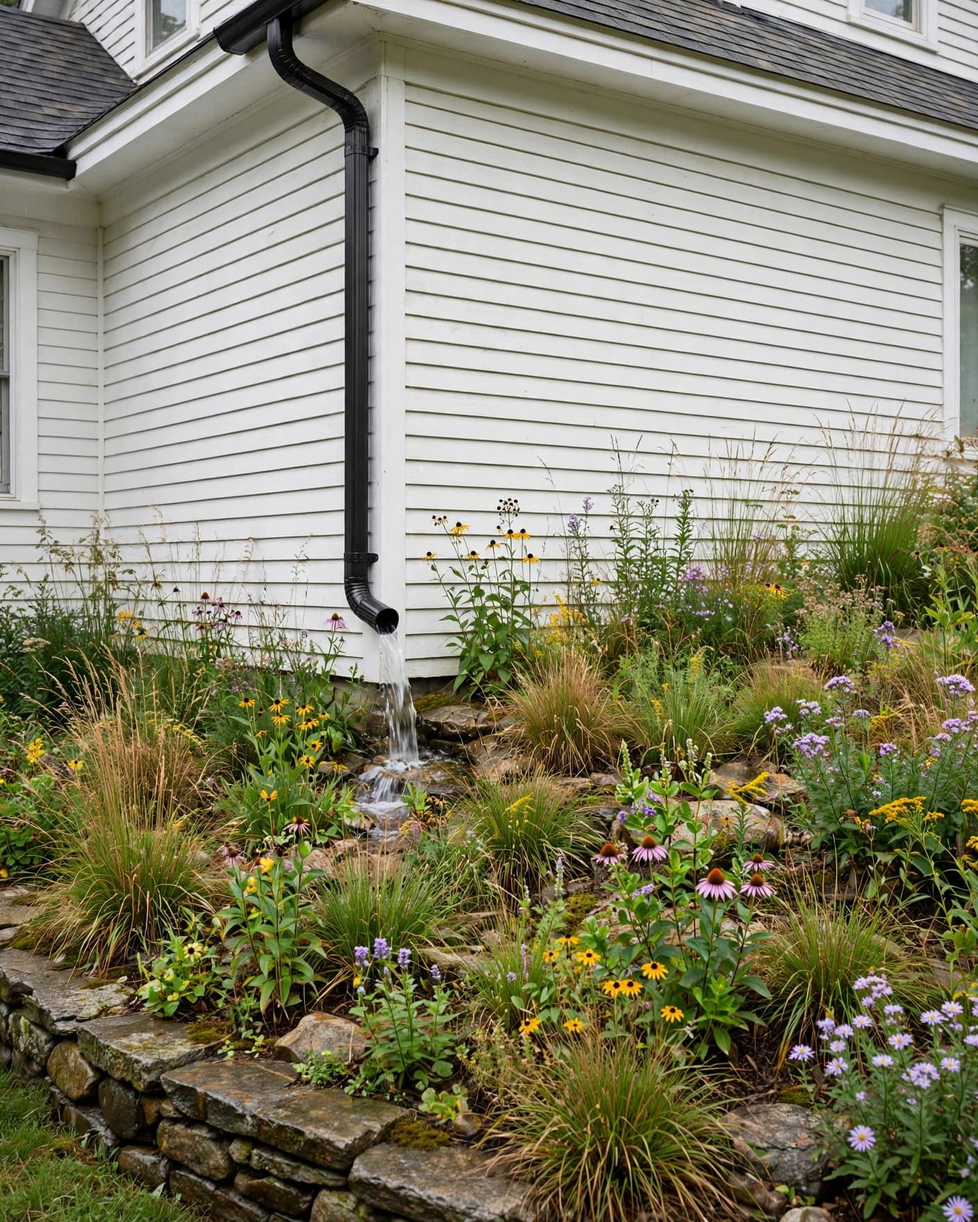 A house downspout drains into a stone-edged rain garden with grasses and flowers.