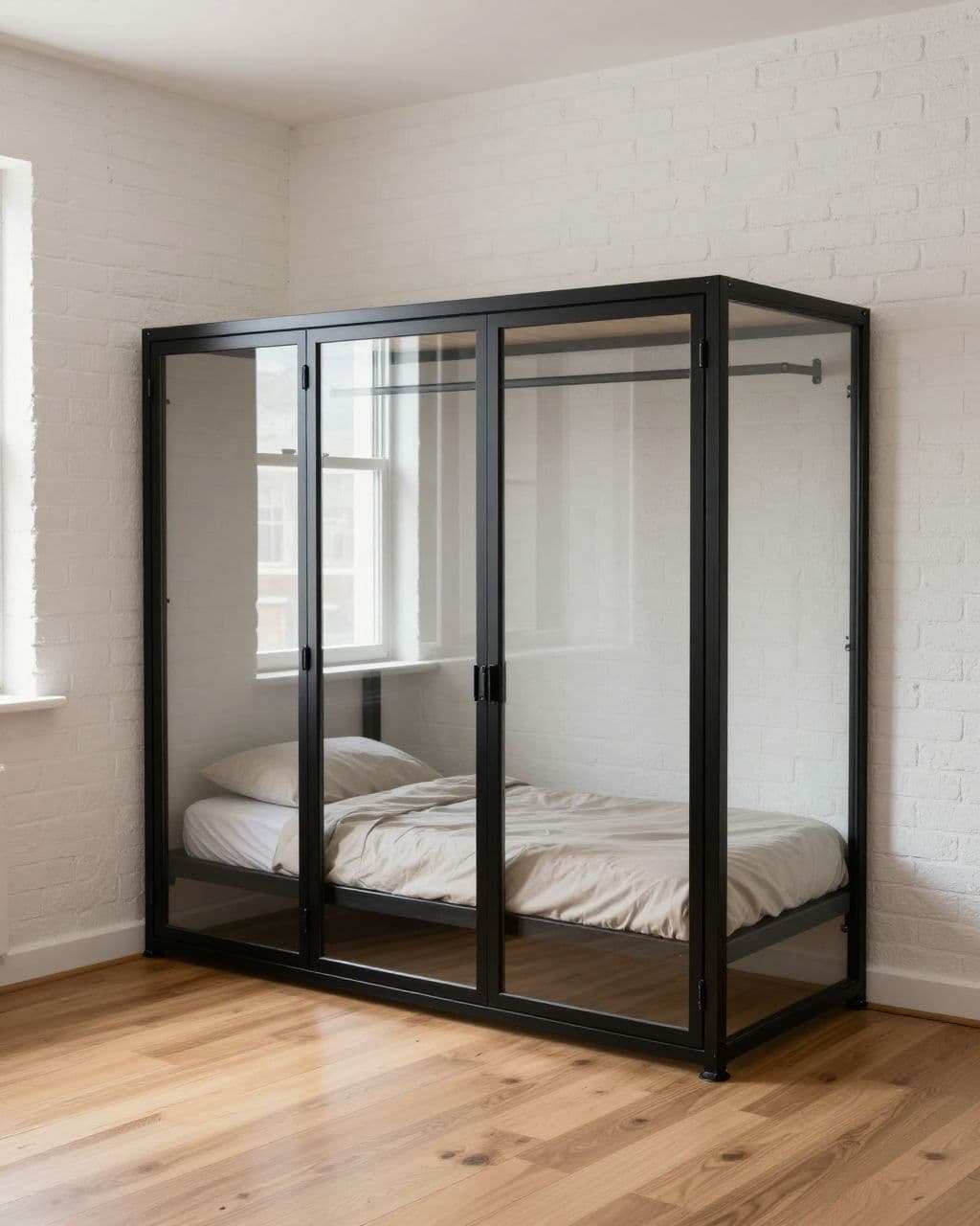 Small bedroom with a wood bed beside a black-framed glass closet.