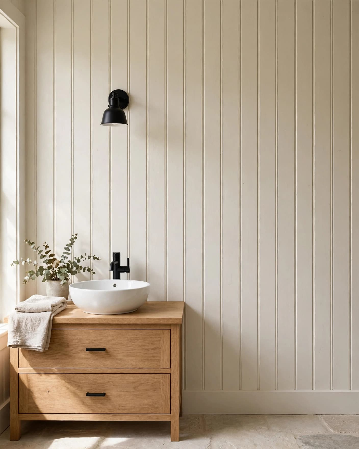 Farmhouse bathroom with ivory wall paneling, an oak vanity, and a white vessel sink.